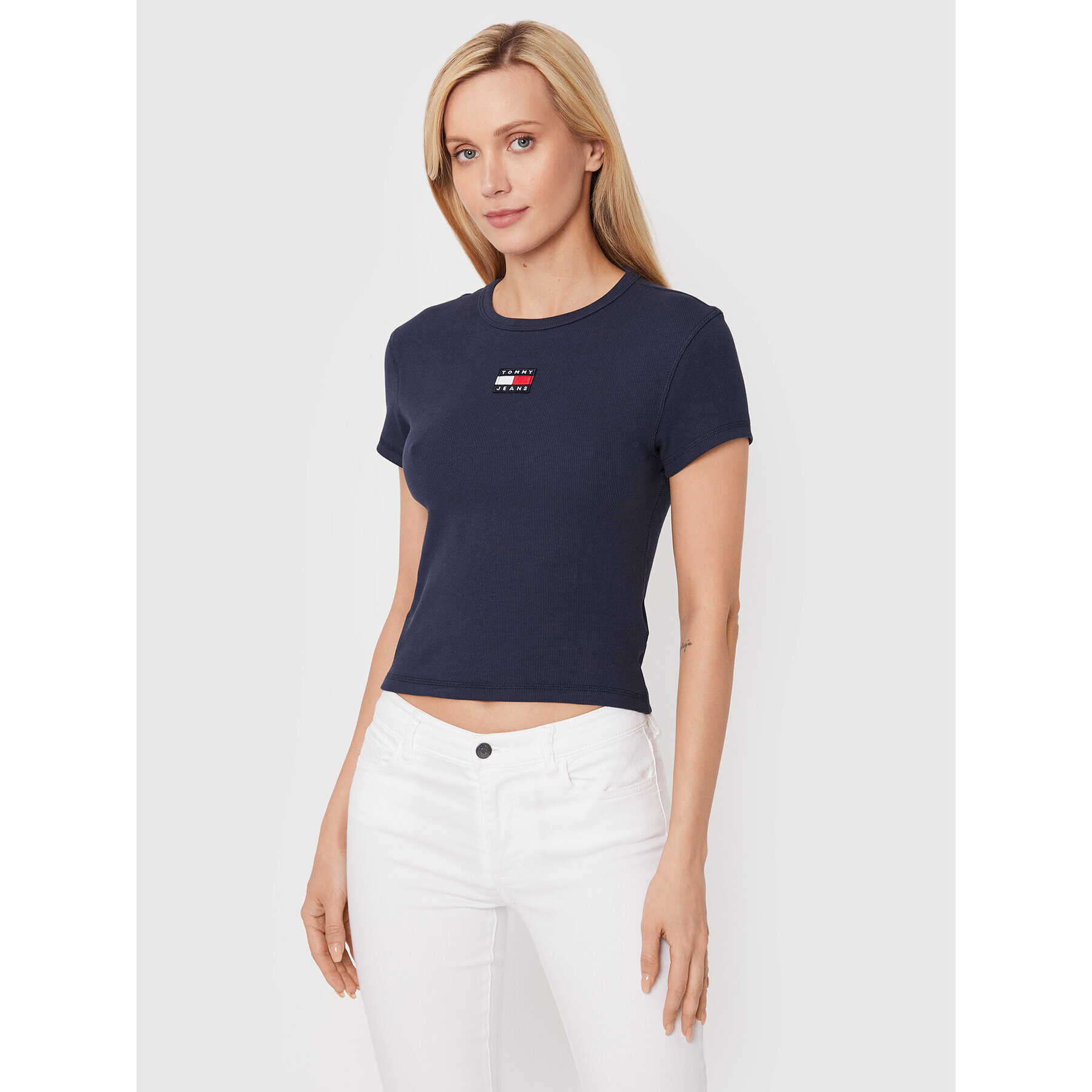 Tommy Jeans Tricou Baby Crop Rib Center Badge DW0DW12604 Bleumarin Cropped Fit - Pled.ro