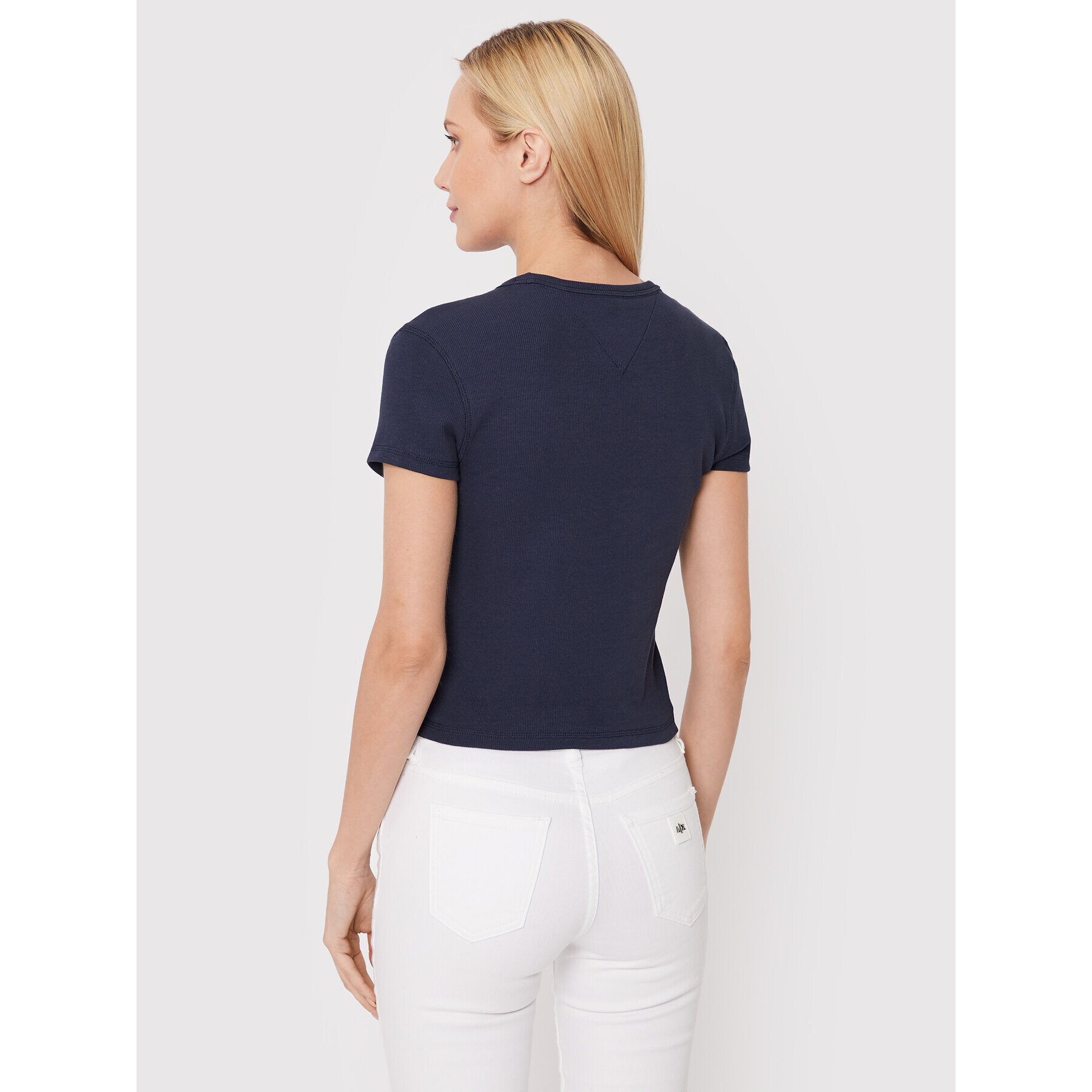 Tommy Jeans Tricou Baby Crop Rib Center Badge DW0DW12604 Bleumarin Cropped Fit - Pled.ro