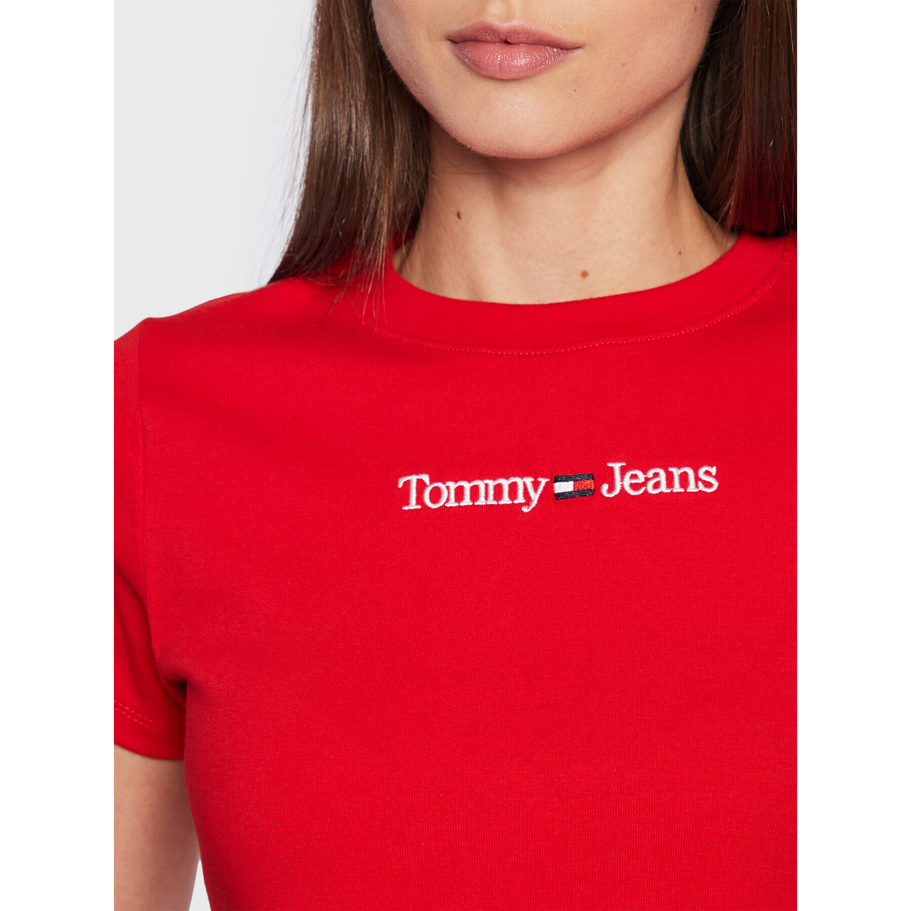 Tommy Jeans Tricou Baby Serif Linear DW0DW14364 Roșu Slim Fit - Pled.ro