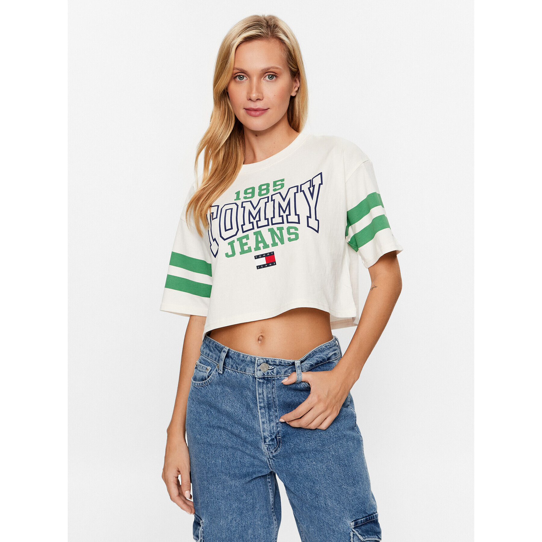 Tommy Jeans Tricou College DW0DW16150 Alb Oversize - Pled.ro