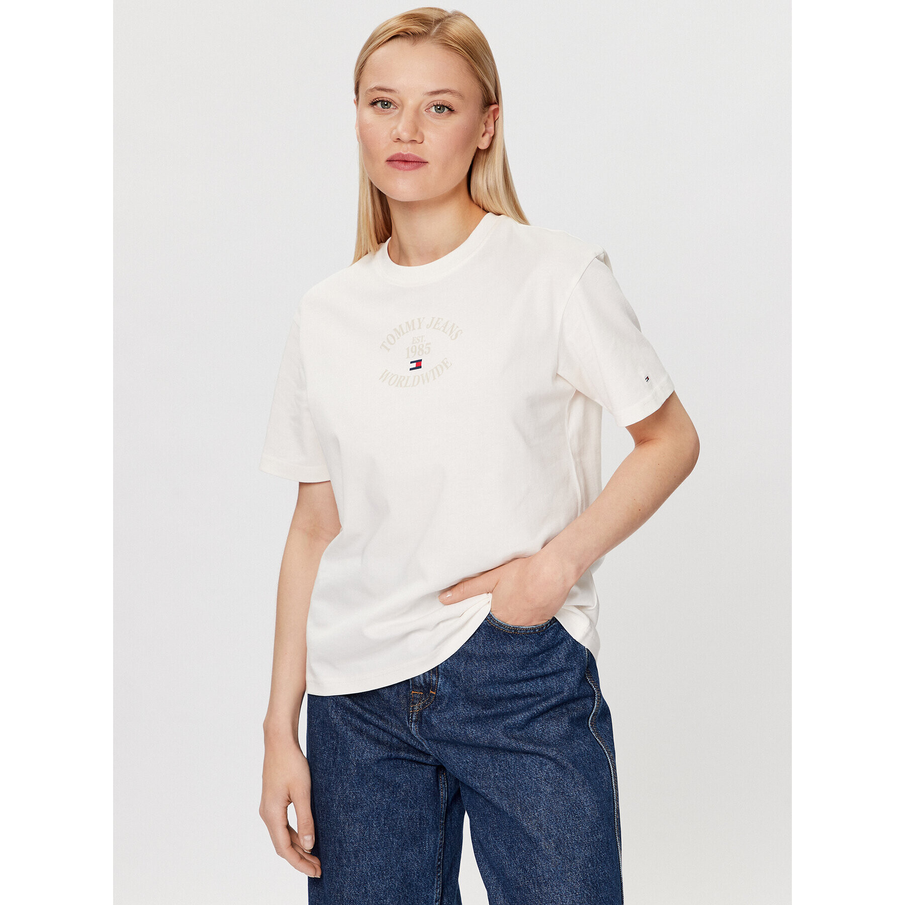 Tommy Jeans Tricou DW0DW16147 Écru Relaxed Fit - Pled.ro