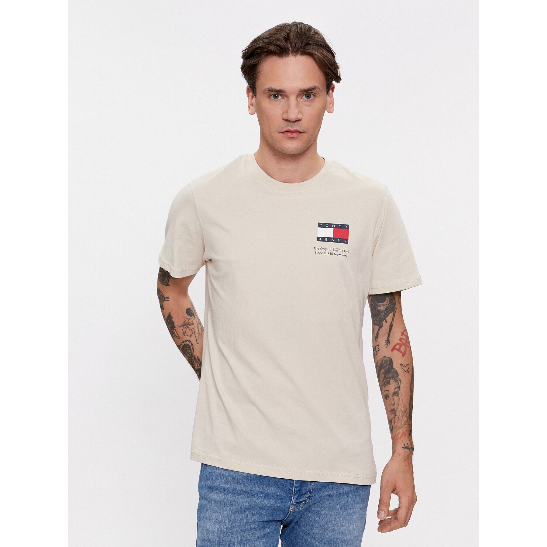 Tommy Jeans Tricou Essential Flag DM0DM18263 Bej Slim Fit - Pled.ro