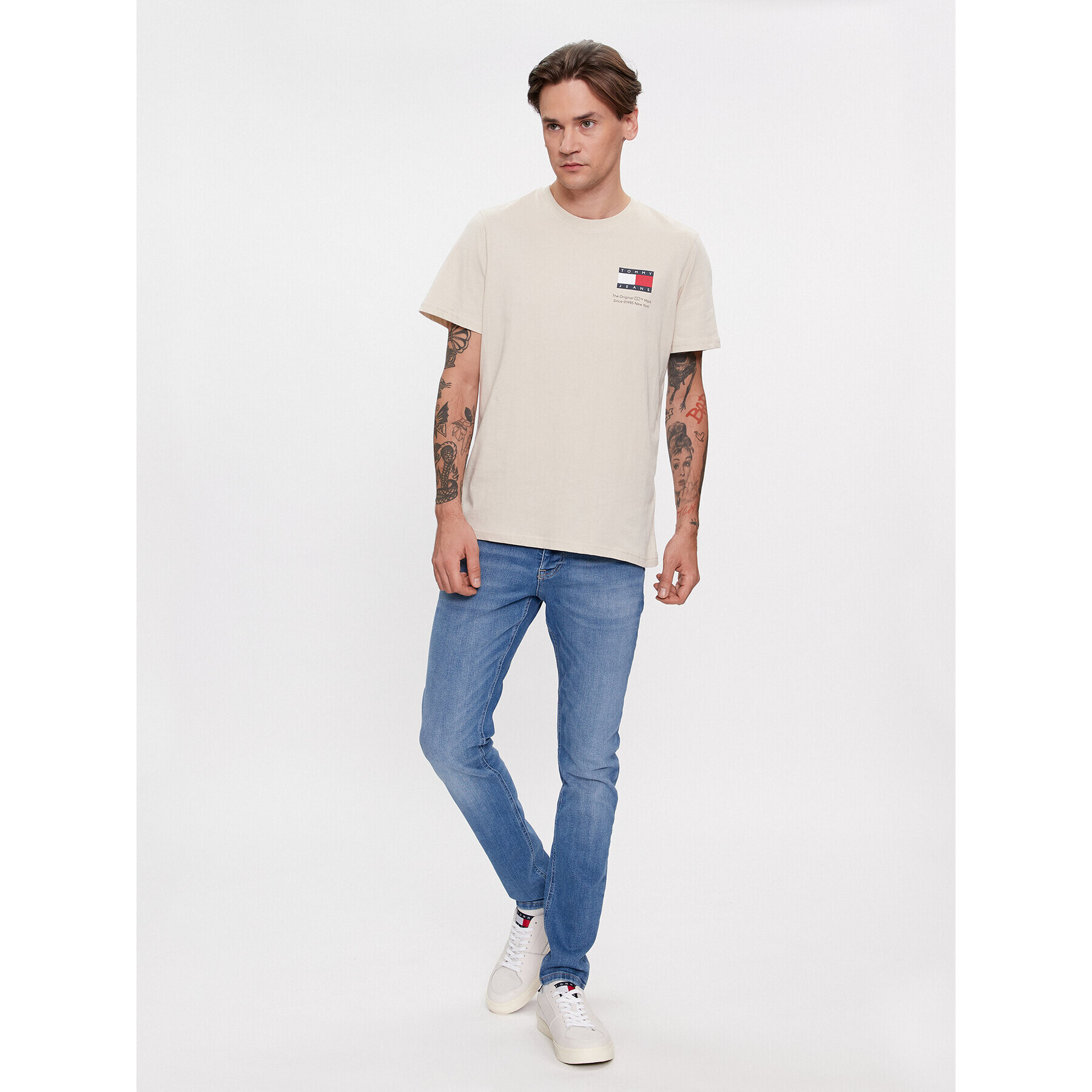 Tommy Jeans Tricou Essential Flag DM0DM18263 Bej Slim Fit - Pled.ro