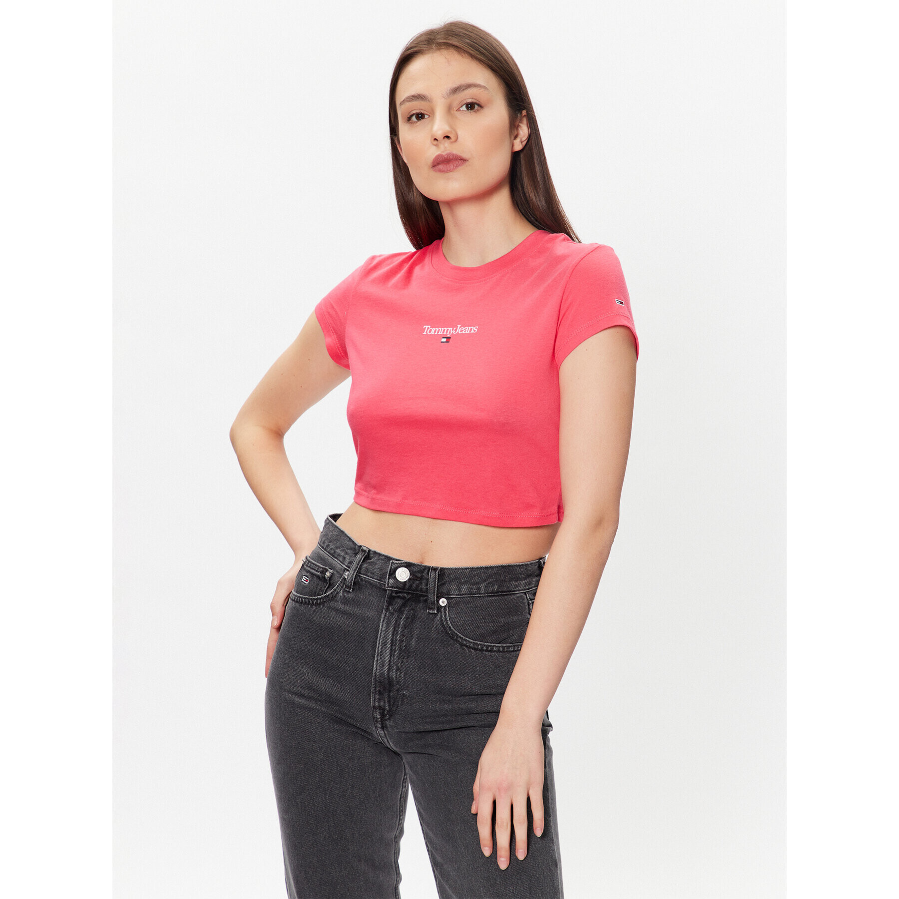 Tommy Jeans Tricou Essential Logo DW0DW15444 Roz Cropped Fit - Pled.ro