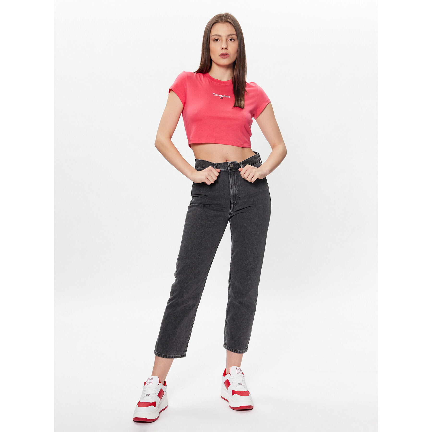 Tommy Jeans Tricou Essential Logo DW0DW15444 Roz Cropped Fit - Pled.ro