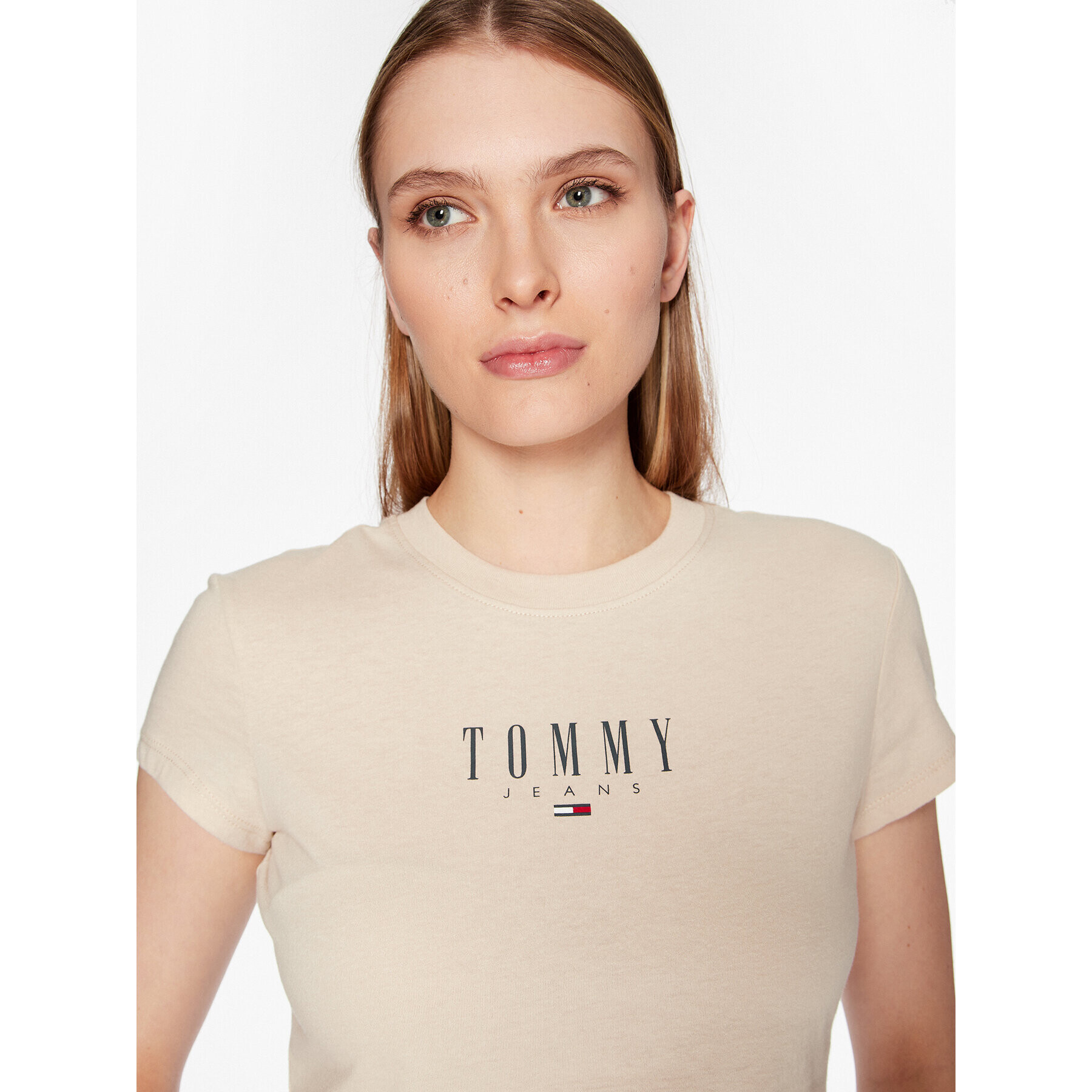 Tommy Jeans Tricou Essential Logo DW0DW15749 Bej Regular Fit - Pled.ro