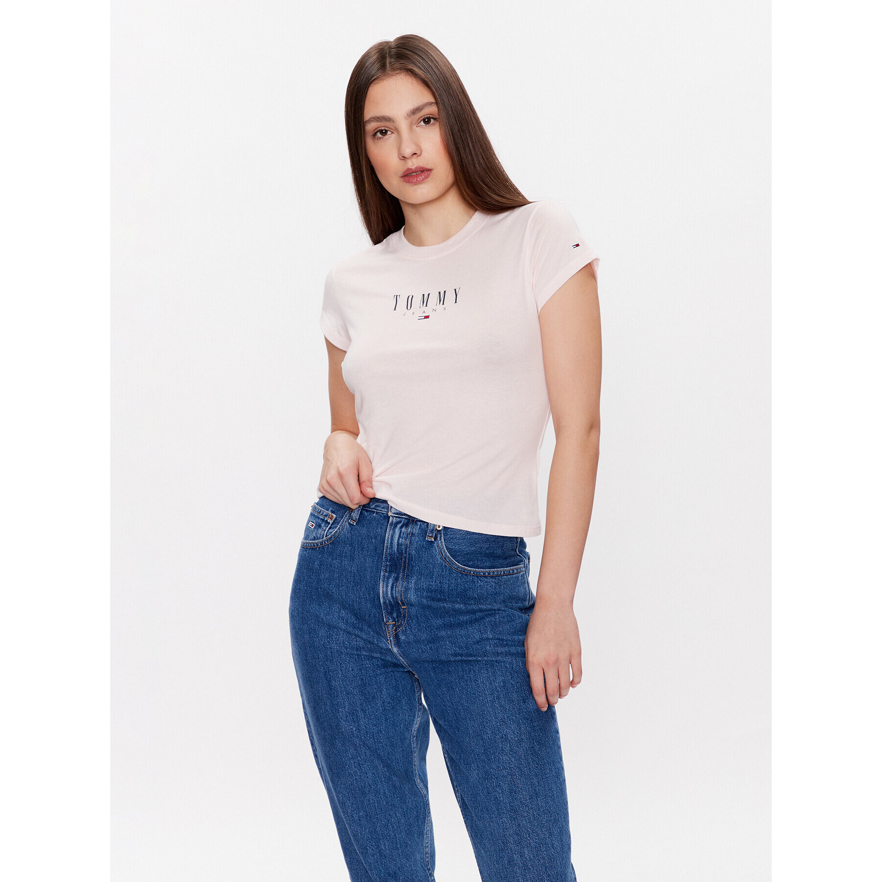 Tommy Jeans Tricou Essential Logo DW0DW15749 Roz Regular Fit - Pled.ro