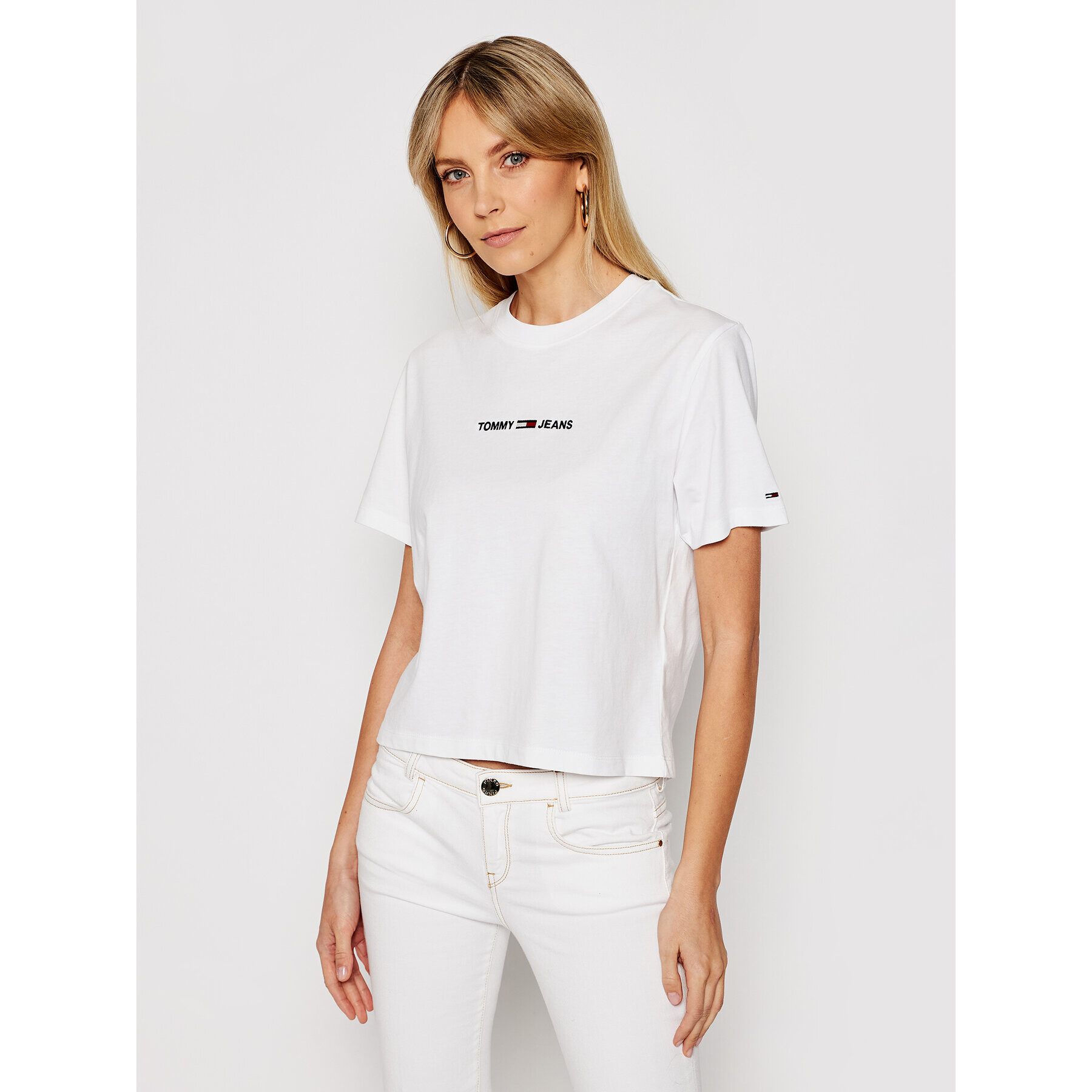 Tommy Jeans Tricou Linear Logo DW0DW10057 Alb Cropped Fit - Pled.ro