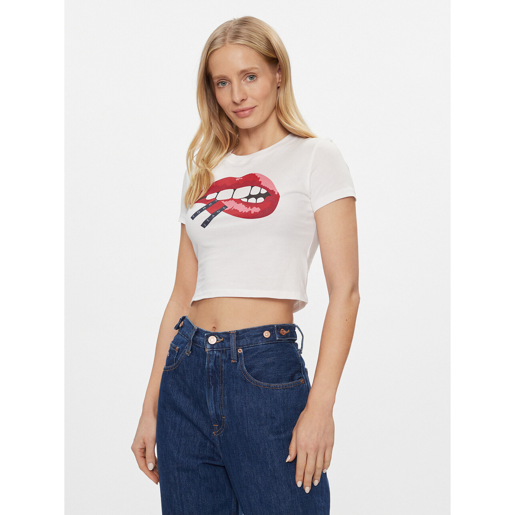 Tommy Jeans Tricou Lips DW0DW17373 Alb Slim Fit - Pled.ro