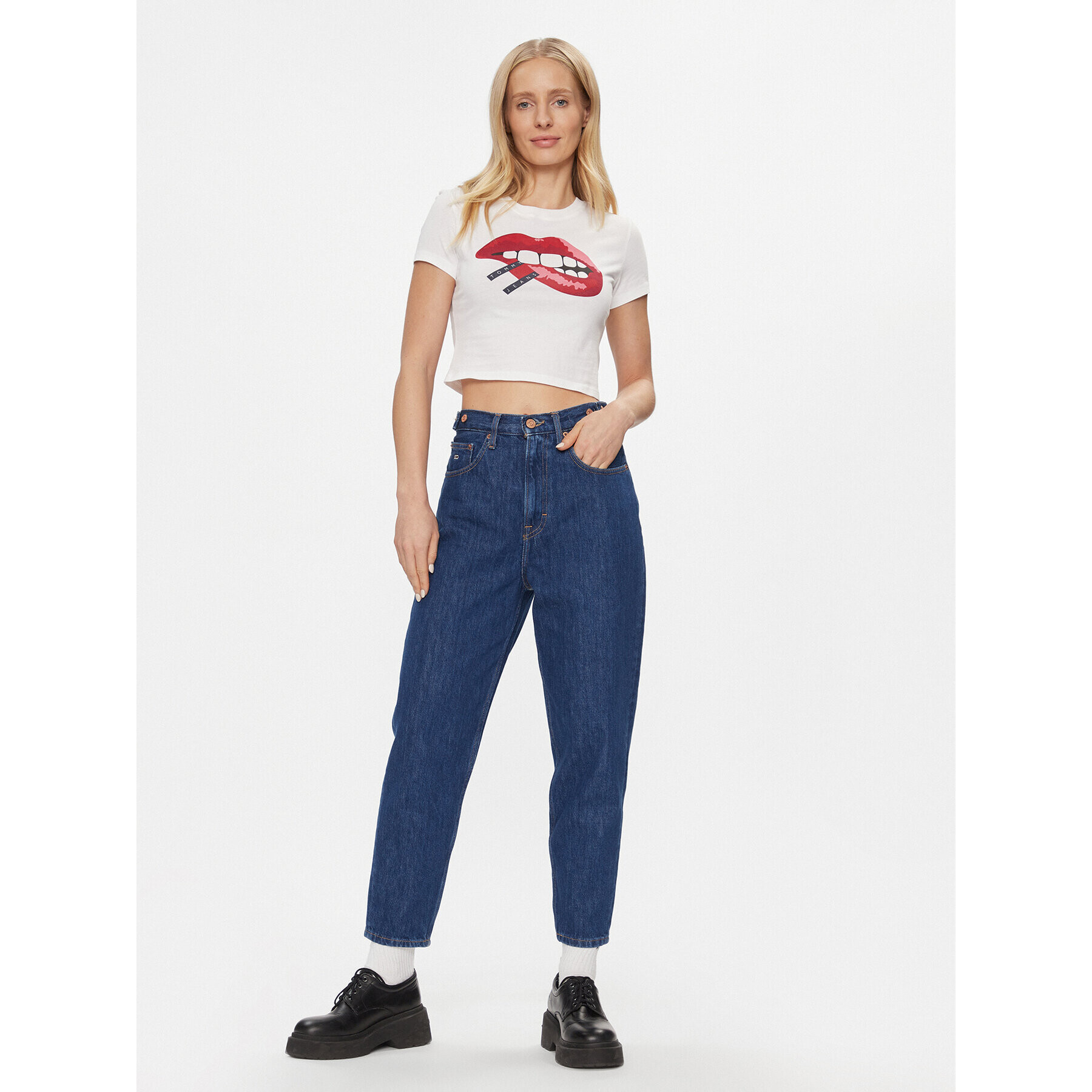 Tommy Jeans Tricou Lips DW0DW17373 Alb Slim Fit - Pled.ro