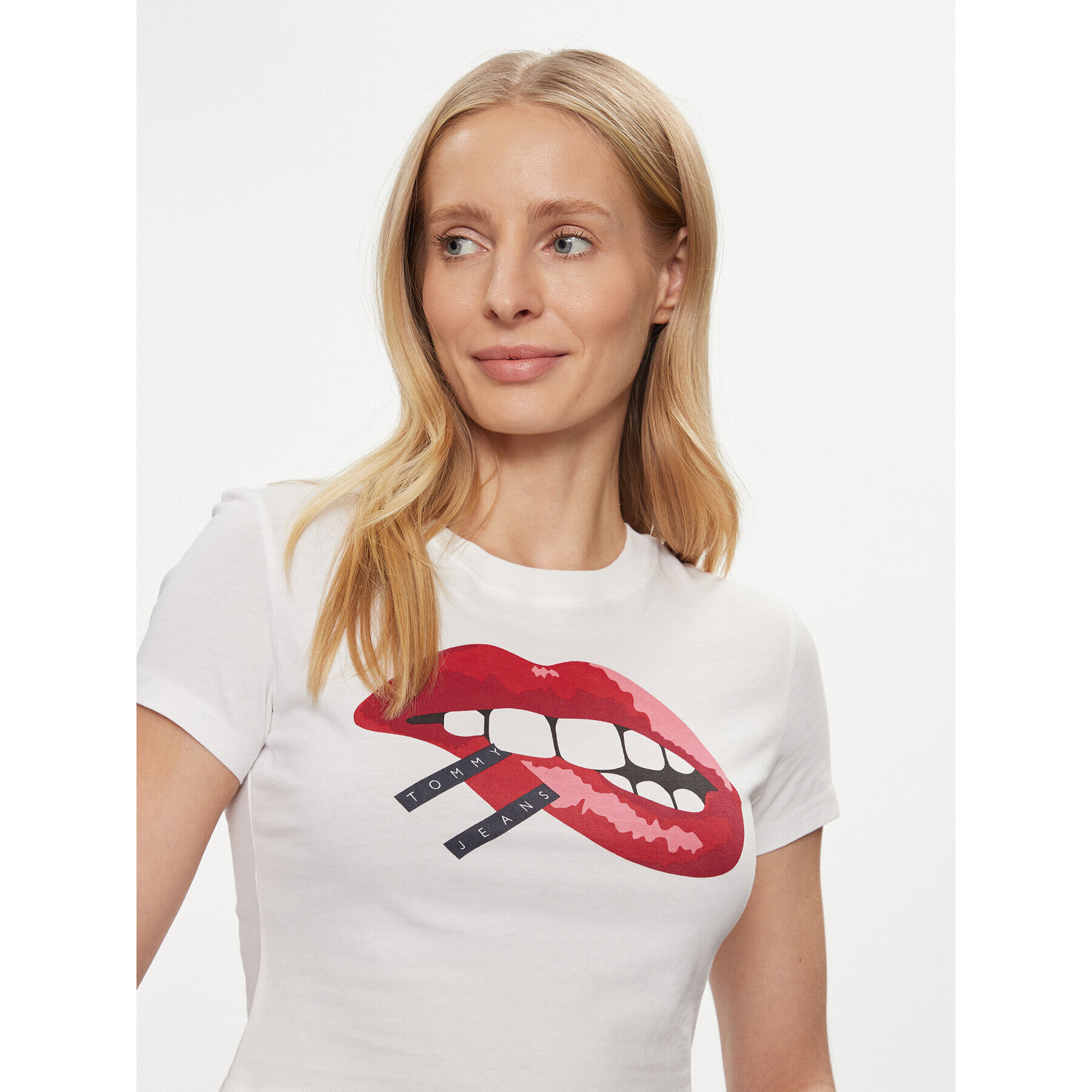 Tommy Jeans Tricou Lips DW0DW17373 Alb Slim Fit - Pled.ro