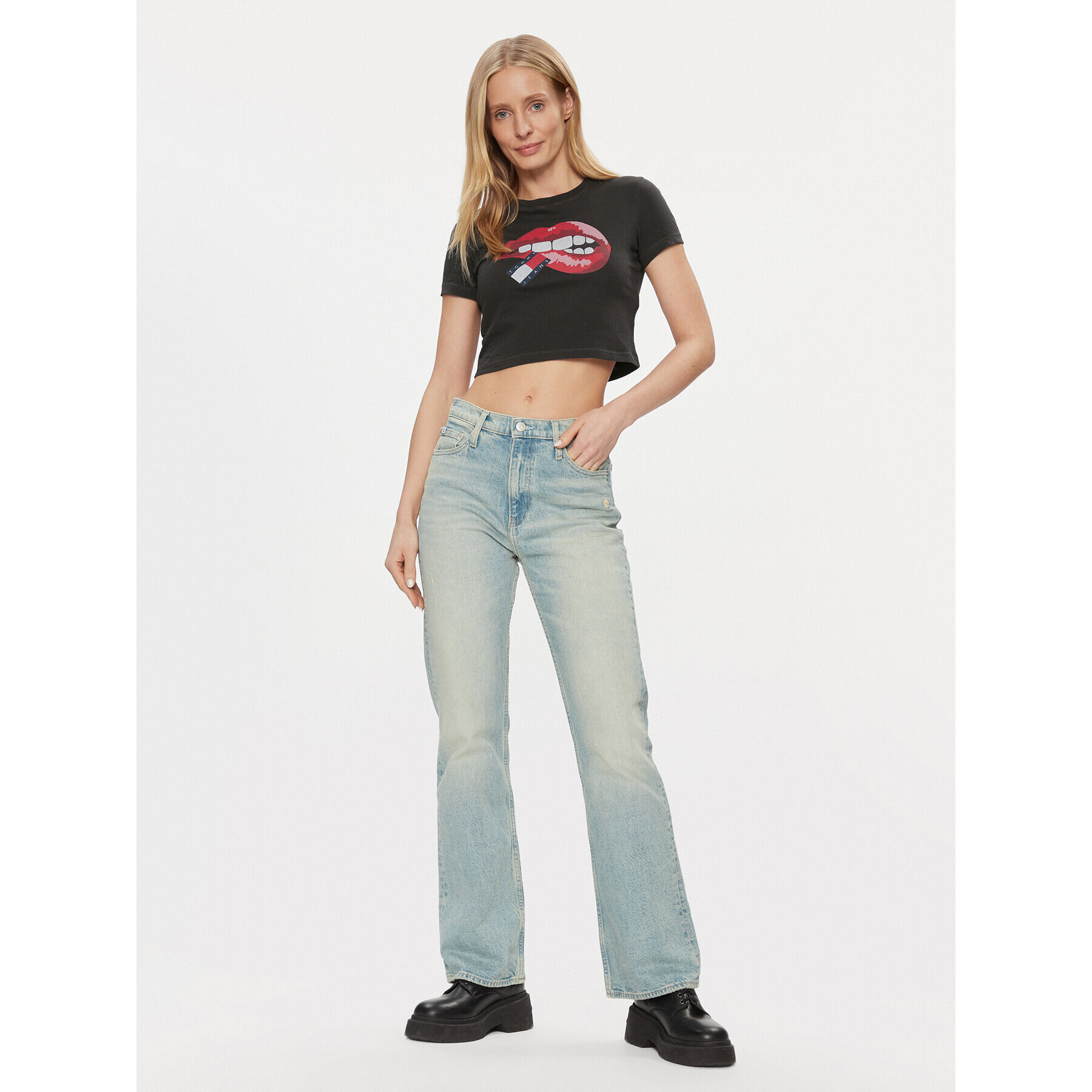 Tommy Jeans Tricou Lips DW0DW17373 Negru Slim Fit - Pled.ro