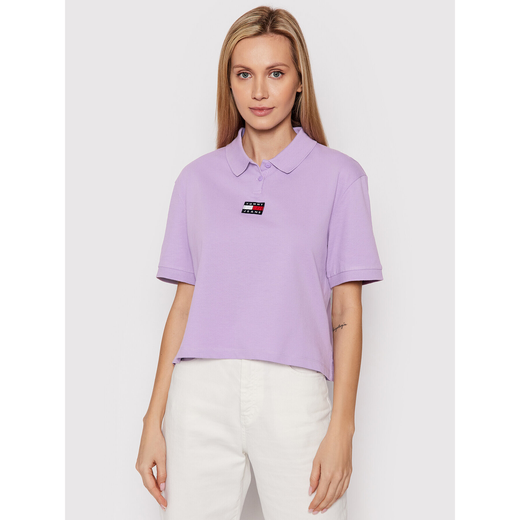 Tommy Jeans Tricou polo Center Badge DW0DW10347 Violet Relaxed Fit - Pled.ro