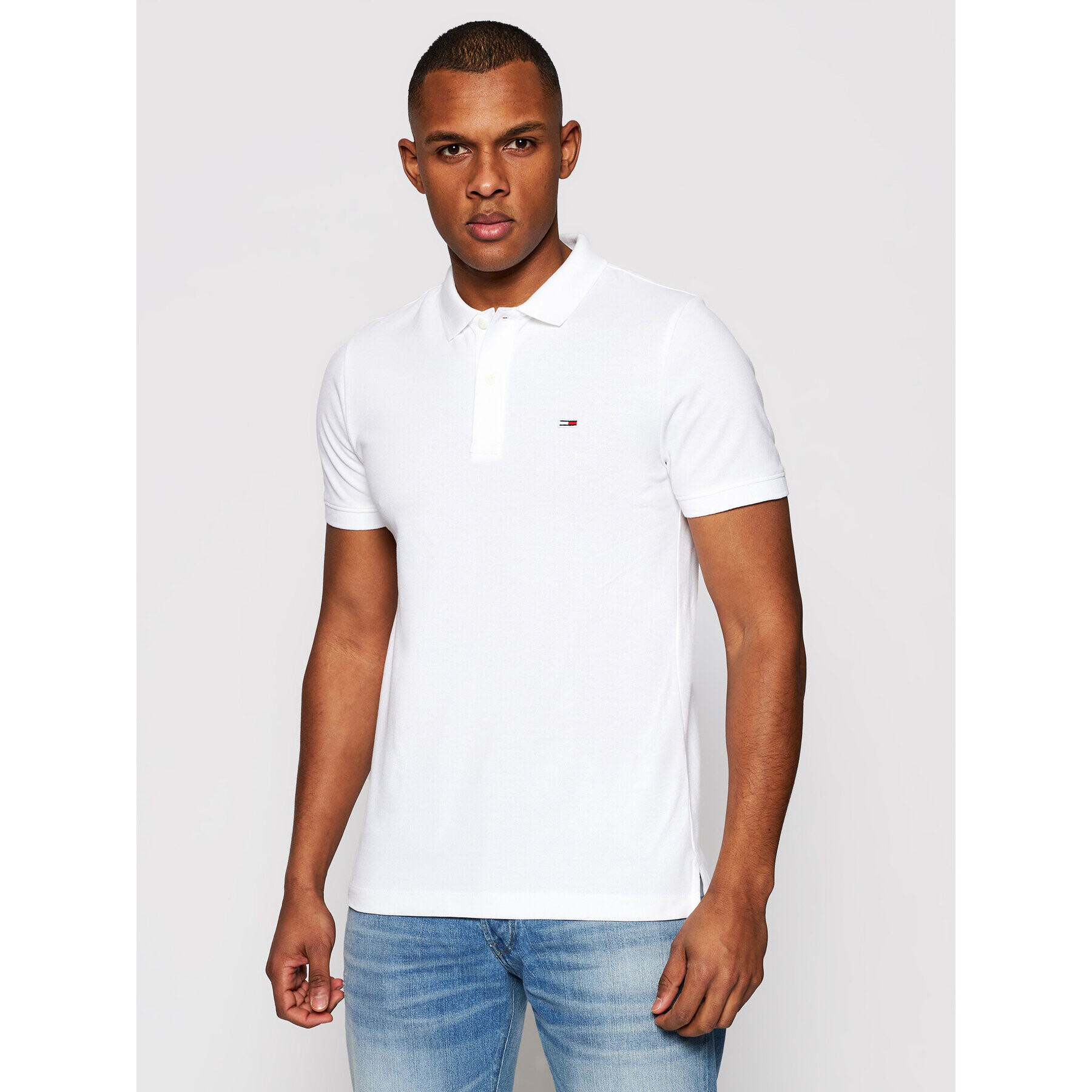 Tommy Jeans Tricou polo Classics Solid DM0DM09439 Alb Slim Fit - Pled.ro