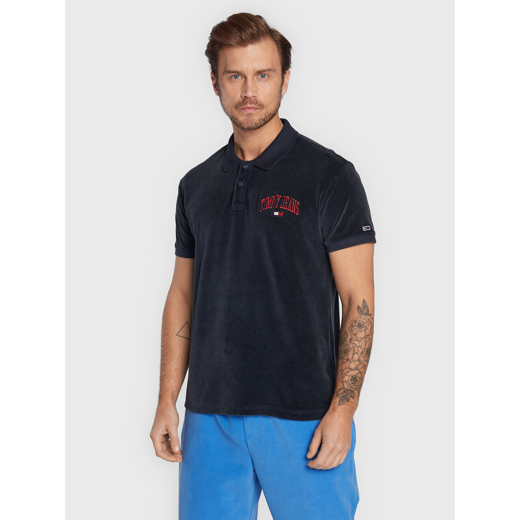 Tommy Jeans Tricou polo Collegiate Velour DM0DM15079 Bleumarin Regular Fit - Pled.ro