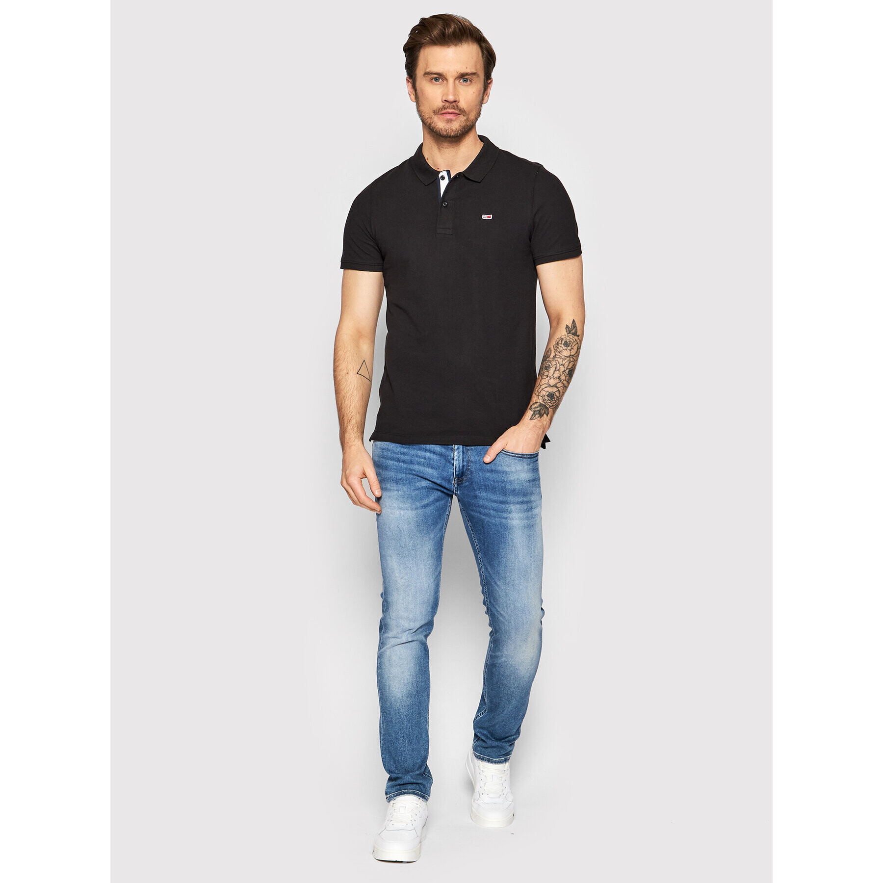 Tommy Jeans Tricou polo Solid Stretch DM0DM12219 Negru Slim Fit - Pled.ro