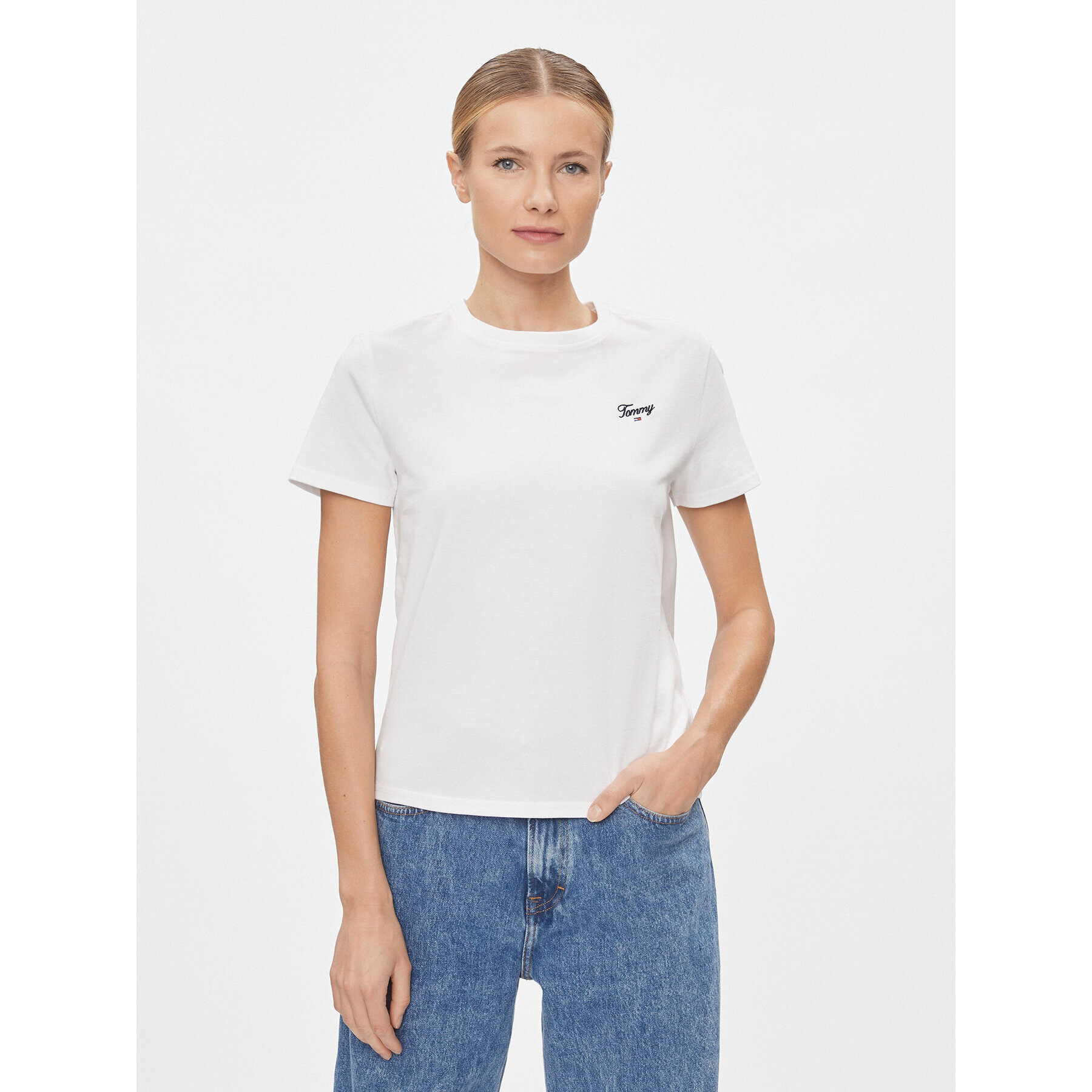 Tommy Jeans Tricou Script DW0DW17367 Alb Regular Fit - Pled.ro