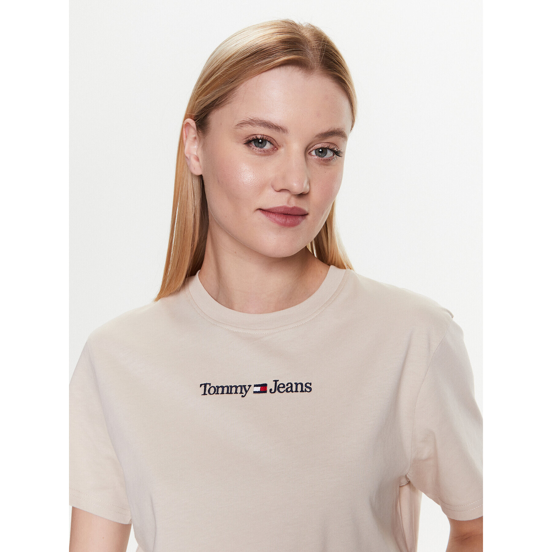 Tommy Jeans Tricou Serif Linear DW0DW15049 Bej Regular Fit - Pled.ro