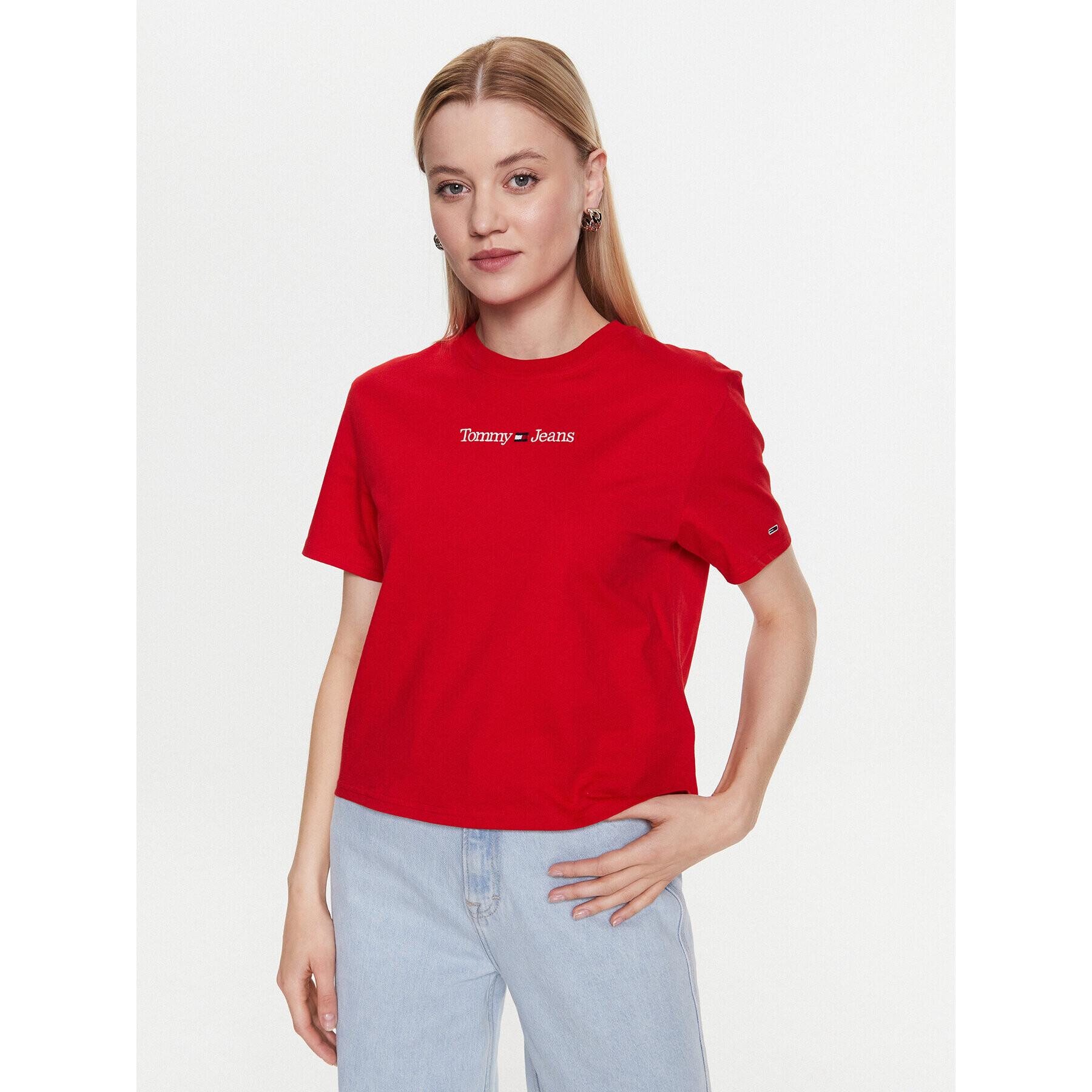 Tommy Jeans Tricou Serif Linear DW0DW15049 Roșu Regular Fit - Pled.ro