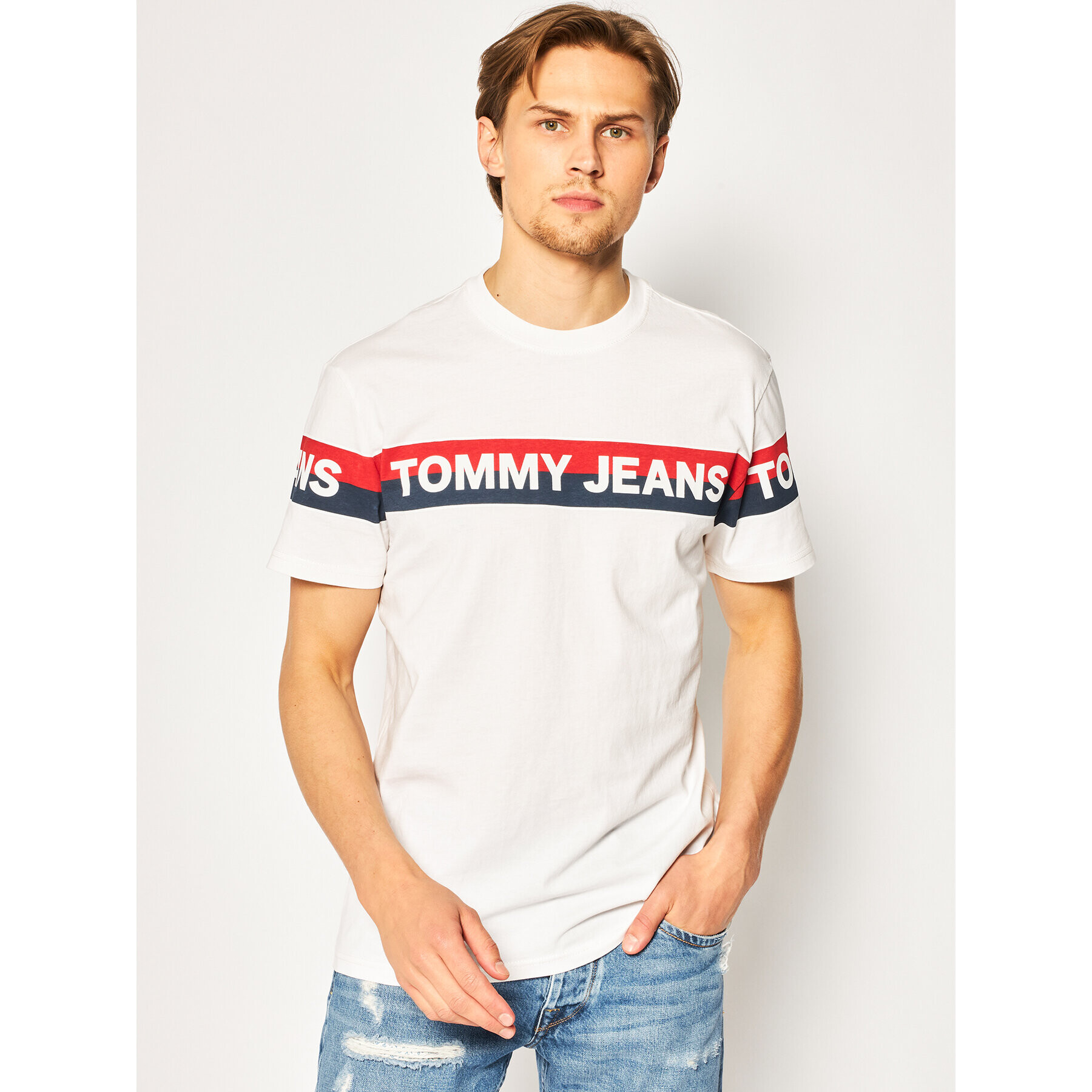 Tommy Jeans Tricou Tjm Double Stripe Logo DM0DM07862 Alb Regular Fit - Pled.ro