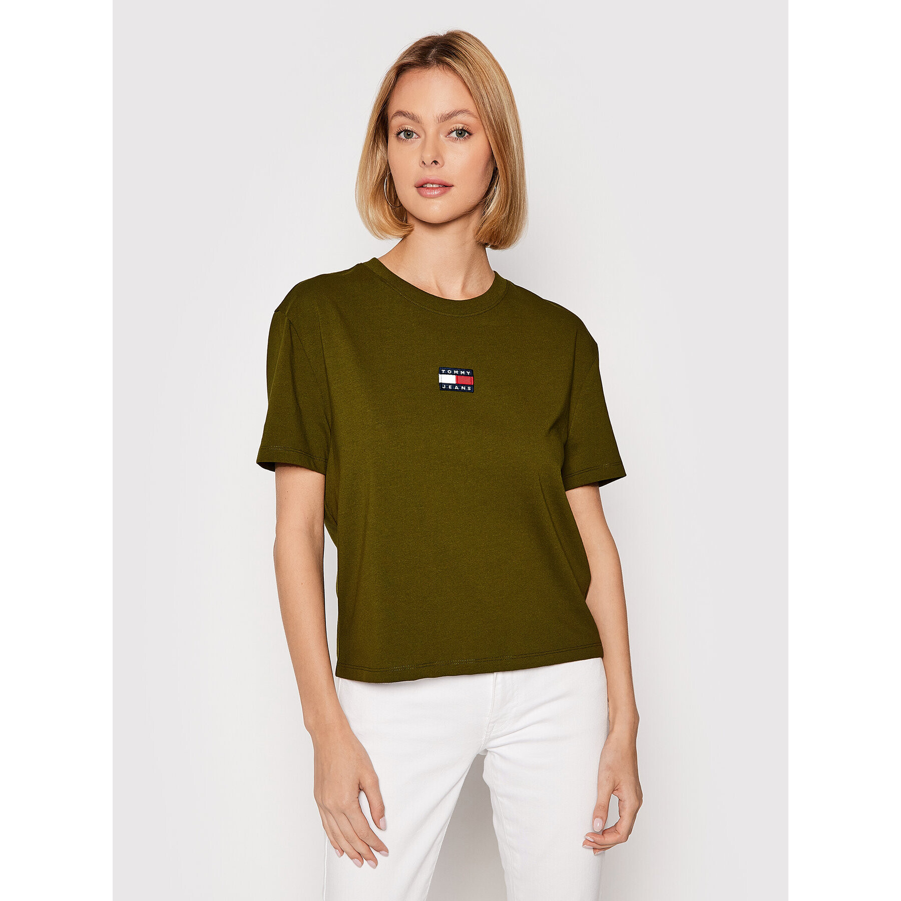 Tommy Jeans Tricou Tjw Center Badge DW0DW10404 Verde Relaxed Fit - Pled.ro