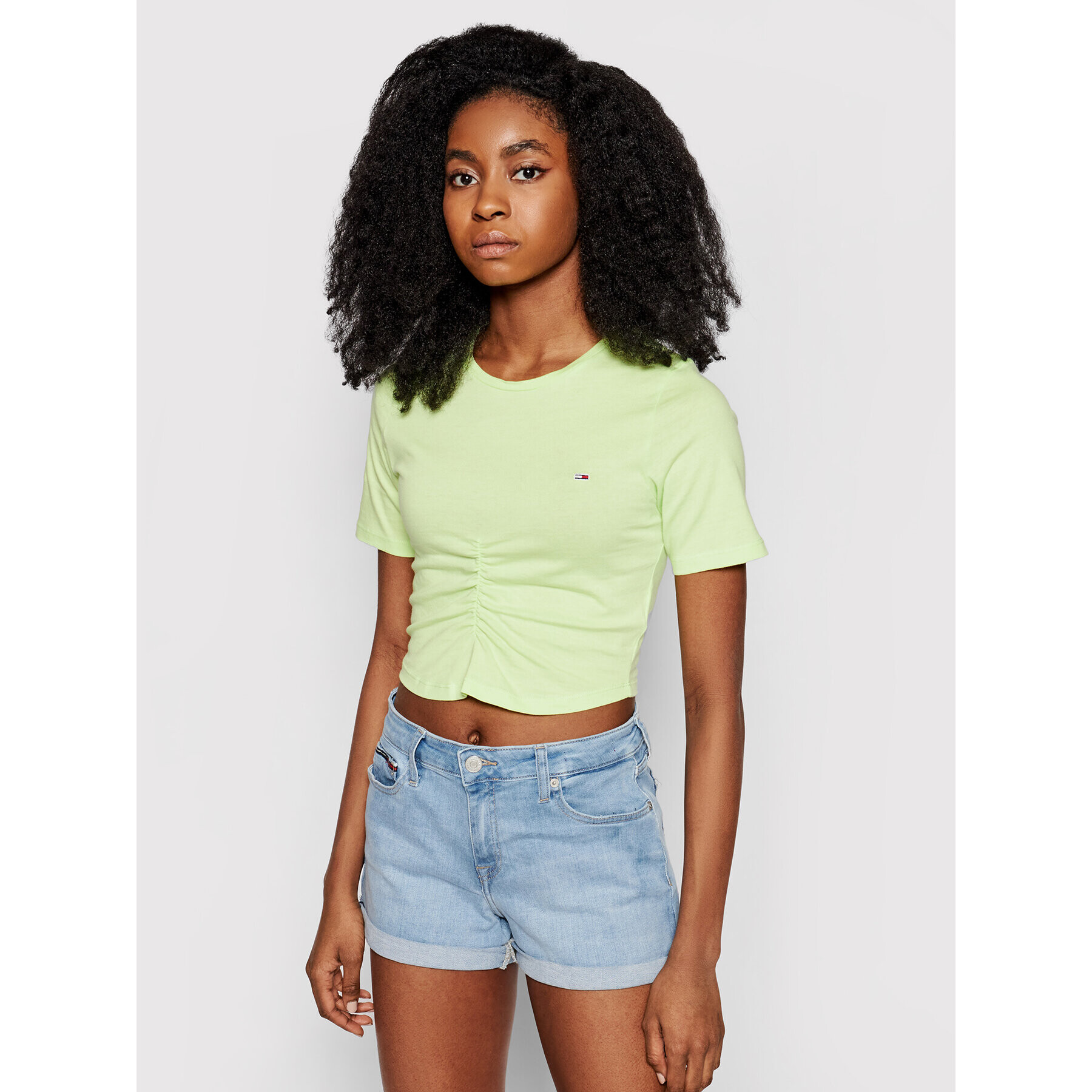 Tommy Jeans Tricou Tjw Crop Ruche Top DW0DW10131 Verde Slim Fit - Pled.ro