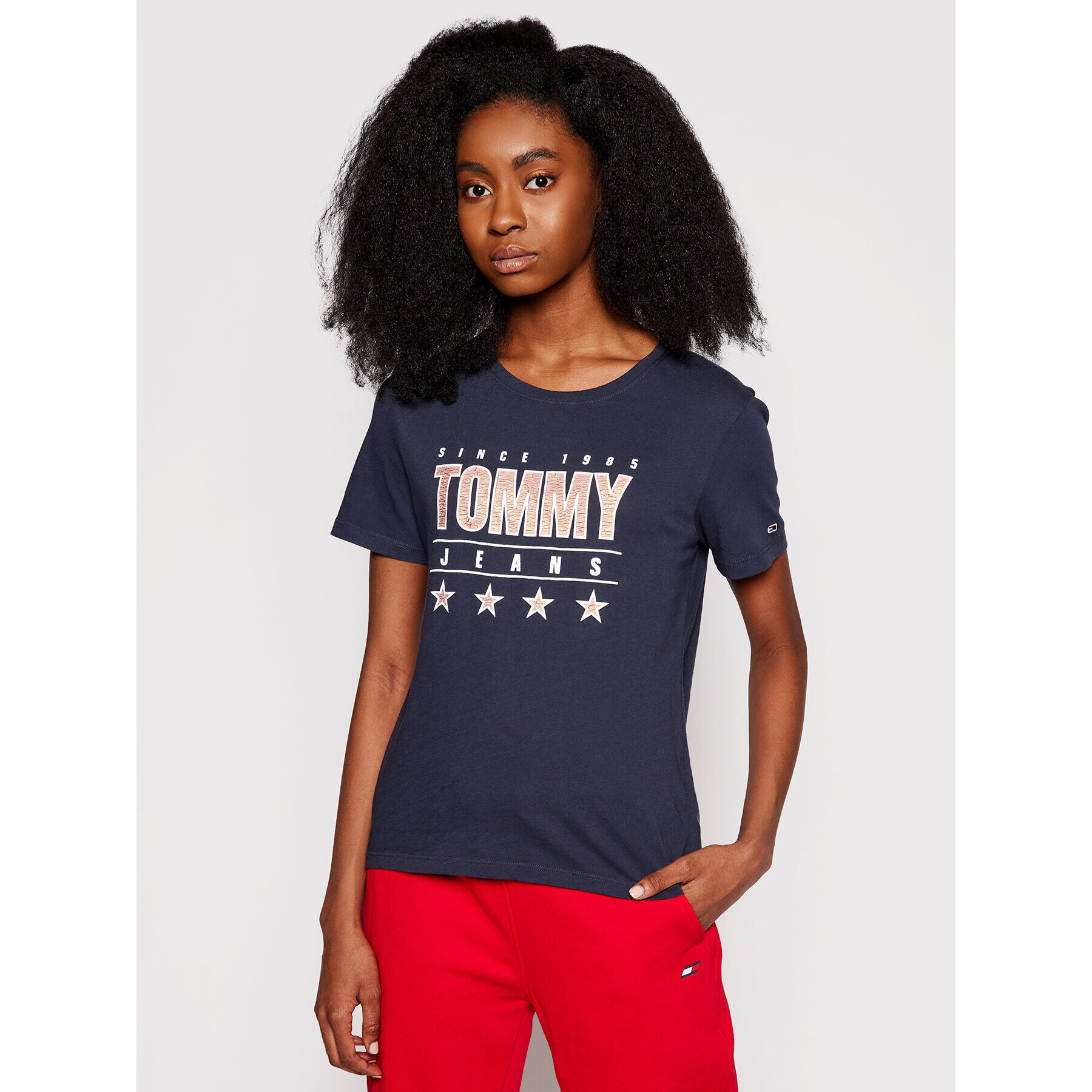 Tommy Jeans Tricou Tjw Metallic DW0DW10197 Bleumarin Slim Fit - Pled.ro