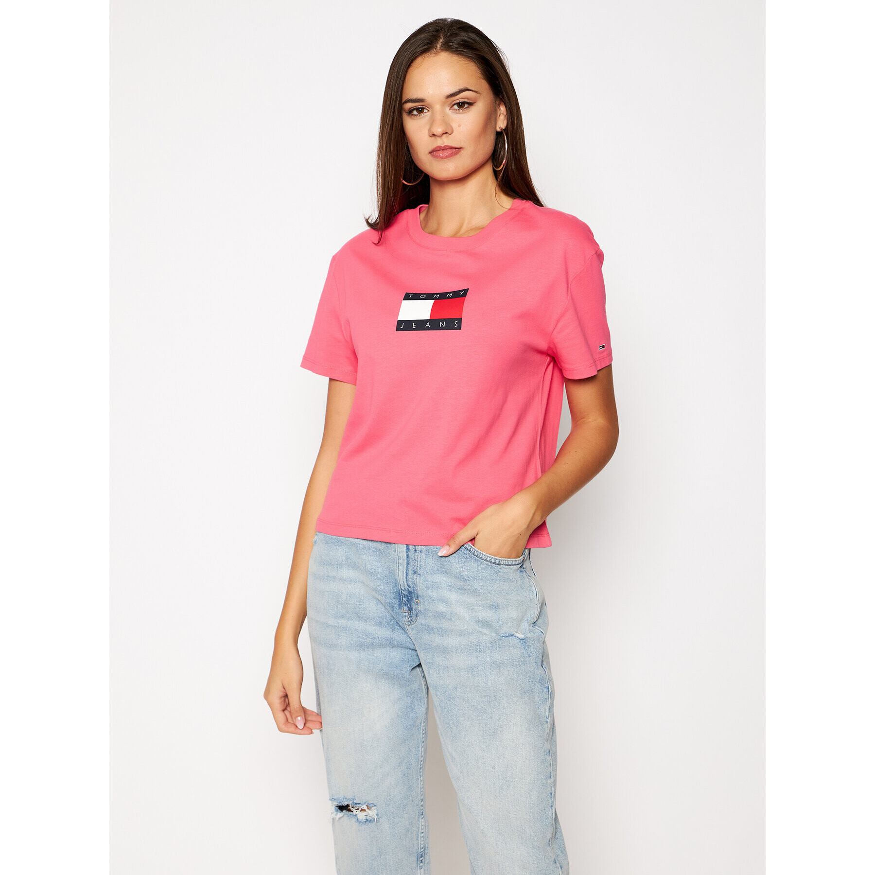 Tommy Jeans Tricou Tommy Flag Tee DW0DW08471 Roz Regular Fit - Pled.ro