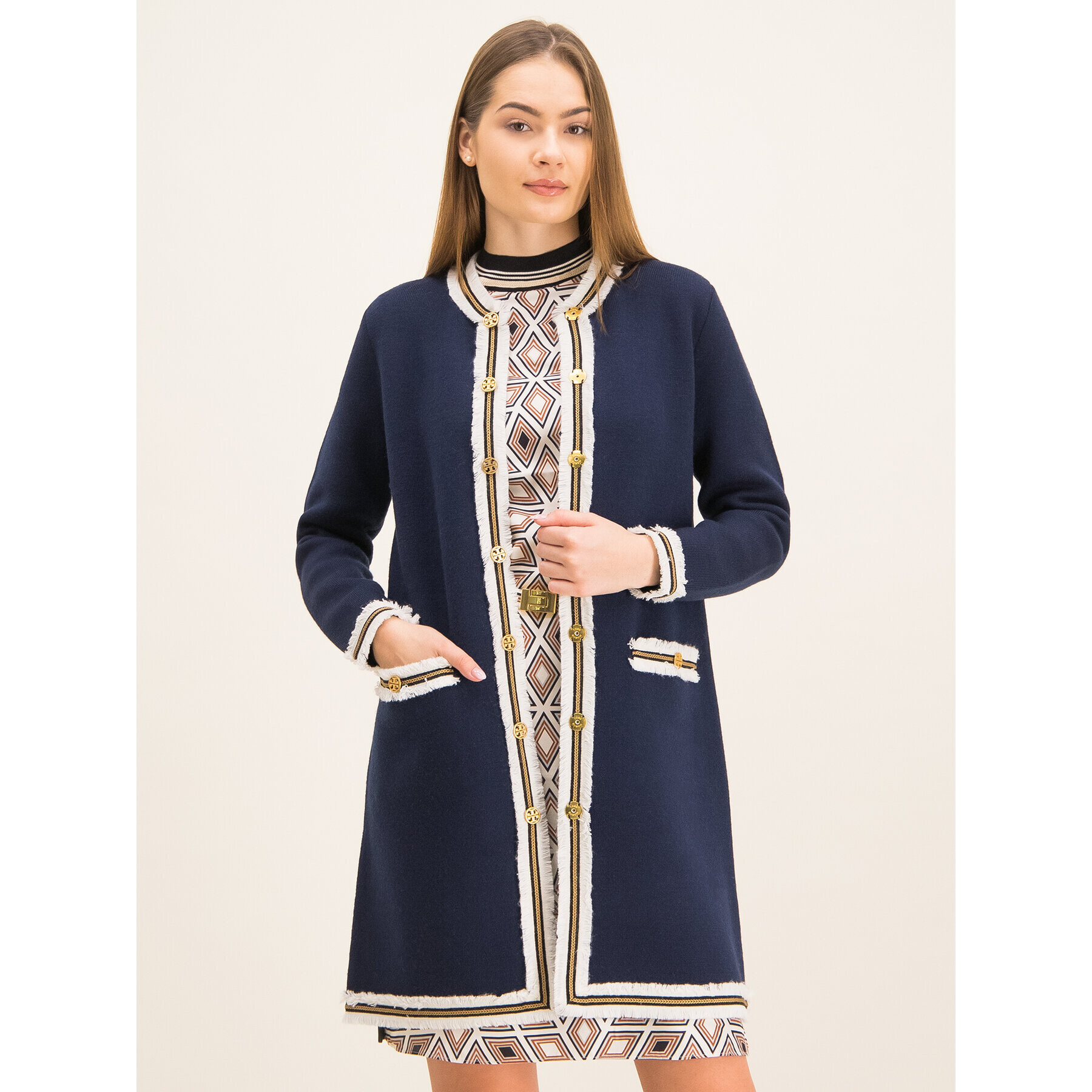 Tory Burch Cardigan Fringe Kendra 59786 Bleumarin Regular Fit - Pled.ro