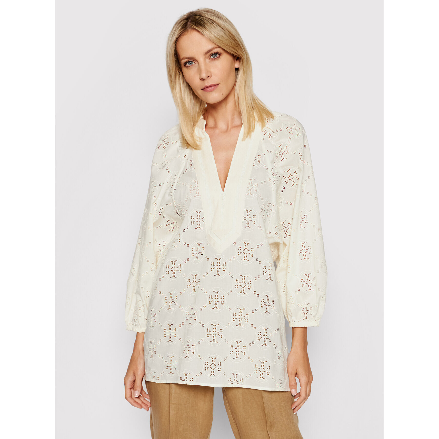 Tory Burch Tunică Logo Lace Ballon Sleeve 84520 Bej Regular Fit - Pled.ro