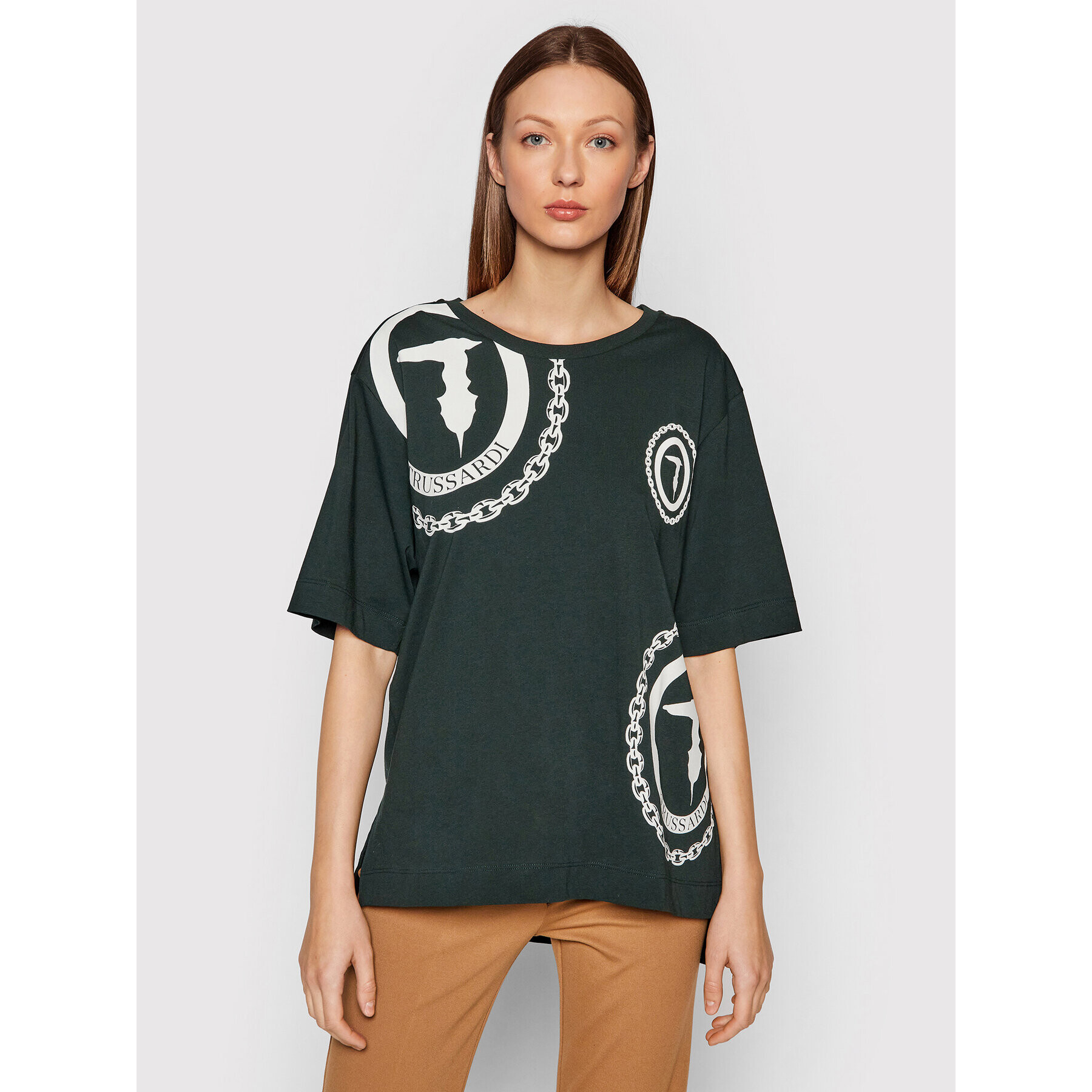 Trussardi Tricou Logo Print 56T00413 Verde Oversize - Pled.ro