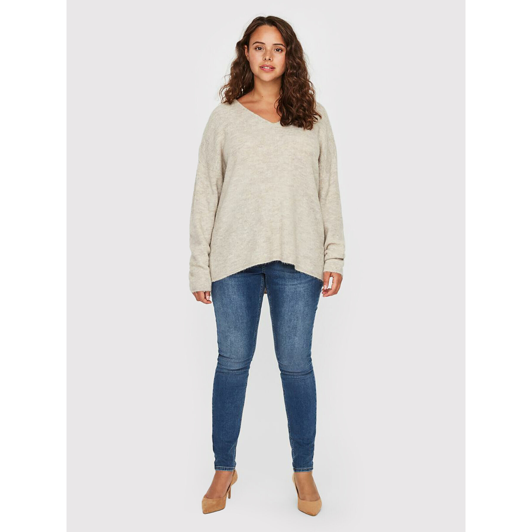 Vero Moda Curve Pulover Crewlefile 10238344 Bej Regular Fit - Pled.ro