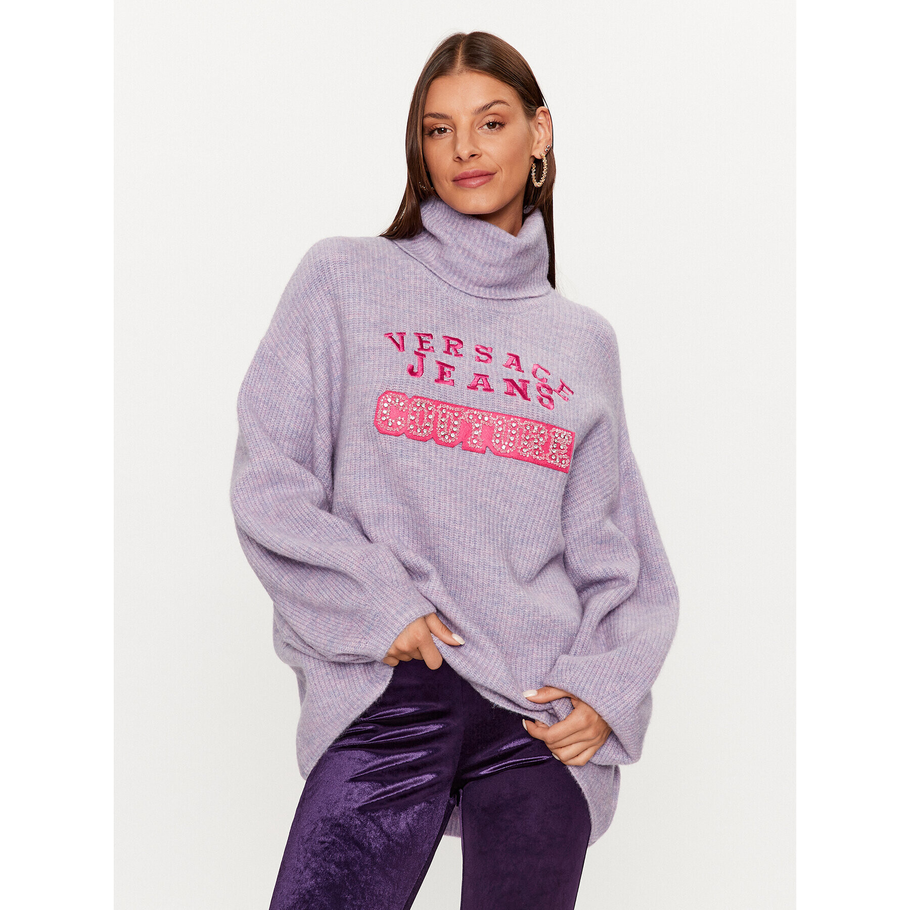 Versace Jeans Couture Bluză cu gât 75HAFM08 Violet Oversize - Pled.ro