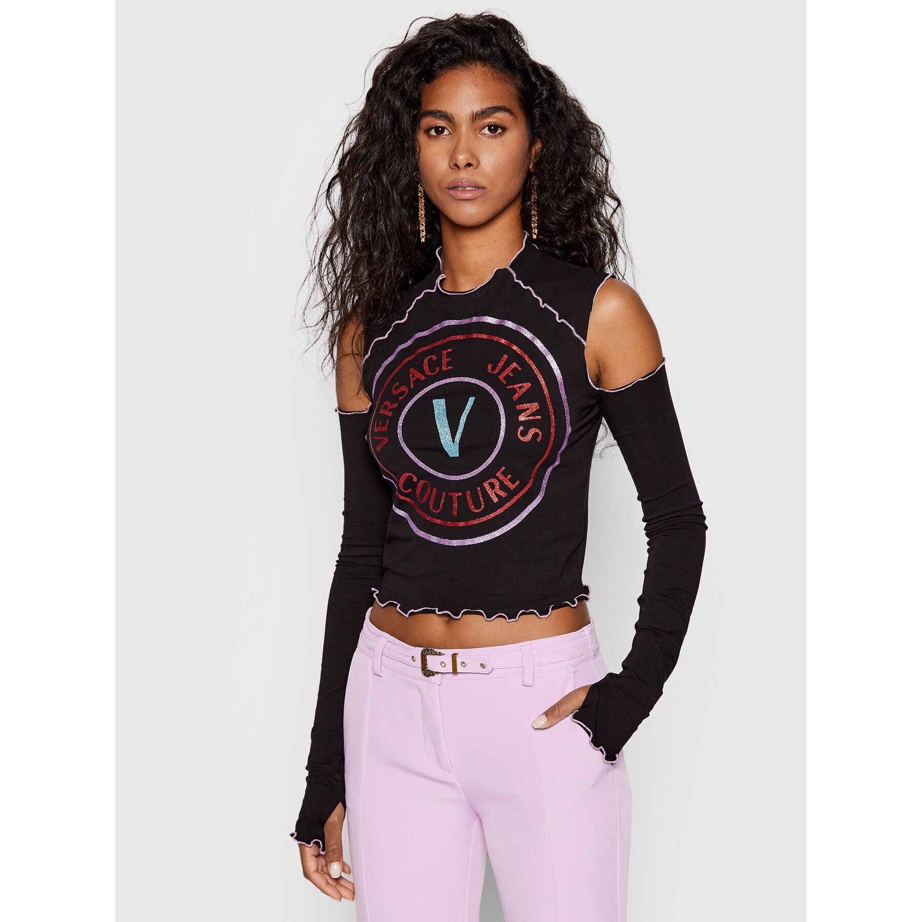 Versace Jeans Couture Bluză Vemblem Glitter 73HAHT08 Negru Regular Fit - Pled.ro