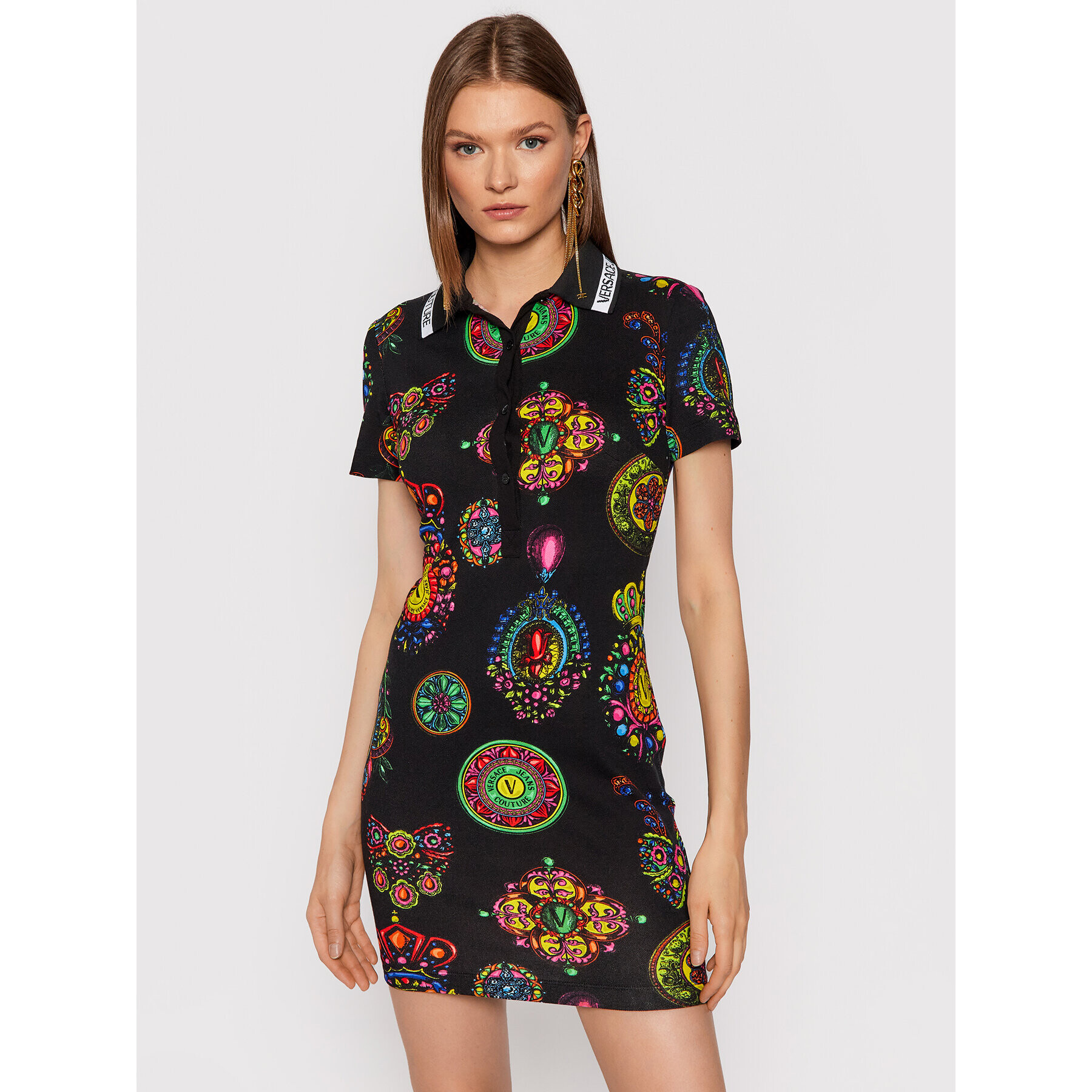 Versace Jeans Couture Rochie tip cămașă Piquet Print Grande Bijoux 71HAO975 Negru Slim Fit - Pled.ro