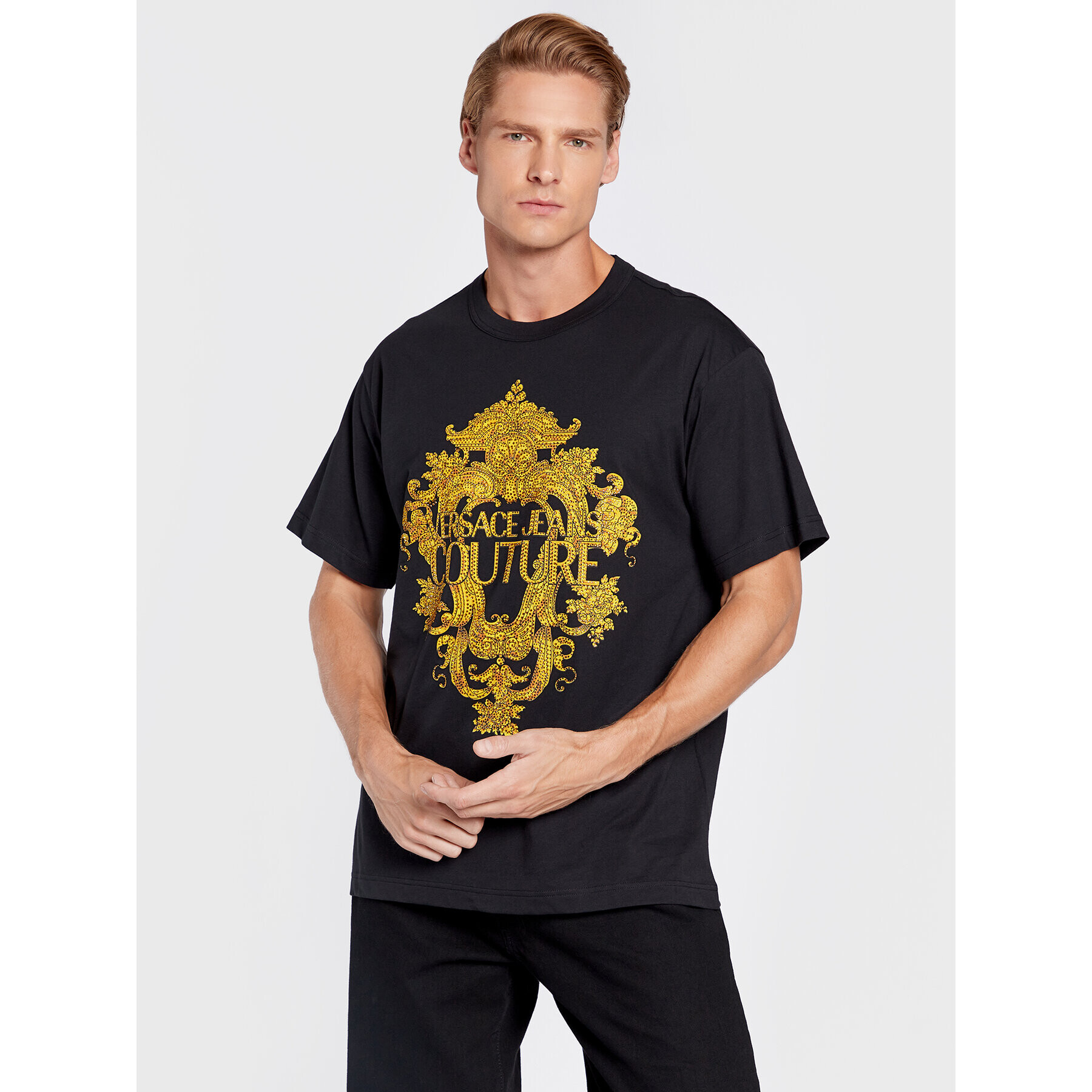 Versace Jeans Couture Tricou 73GAHP02 Negru Regular Fit - Pled.ro