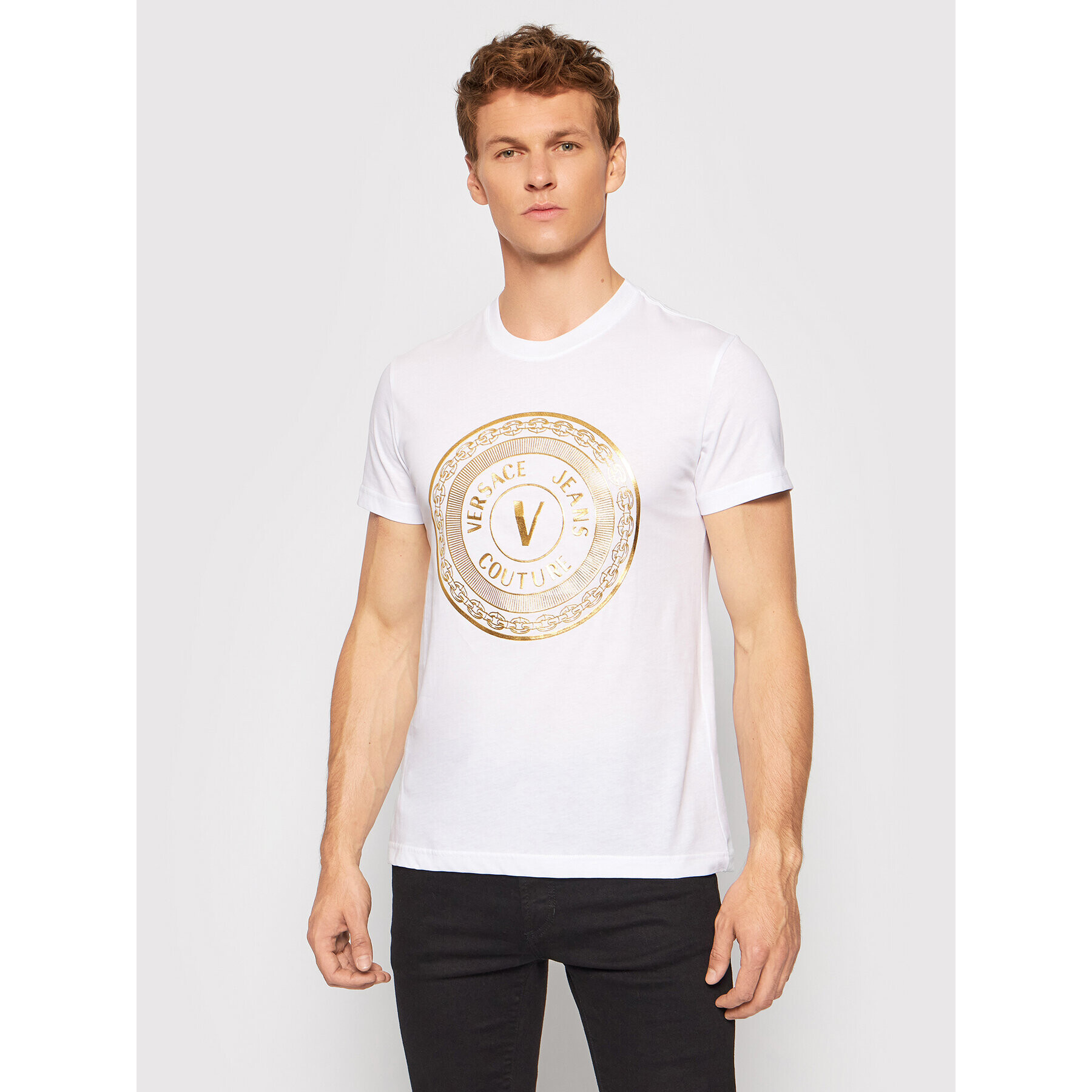 Versace Jeans Couture Tricou Vemblem Foil 71GAHT12 Alb Regular Fit - Pled.ro