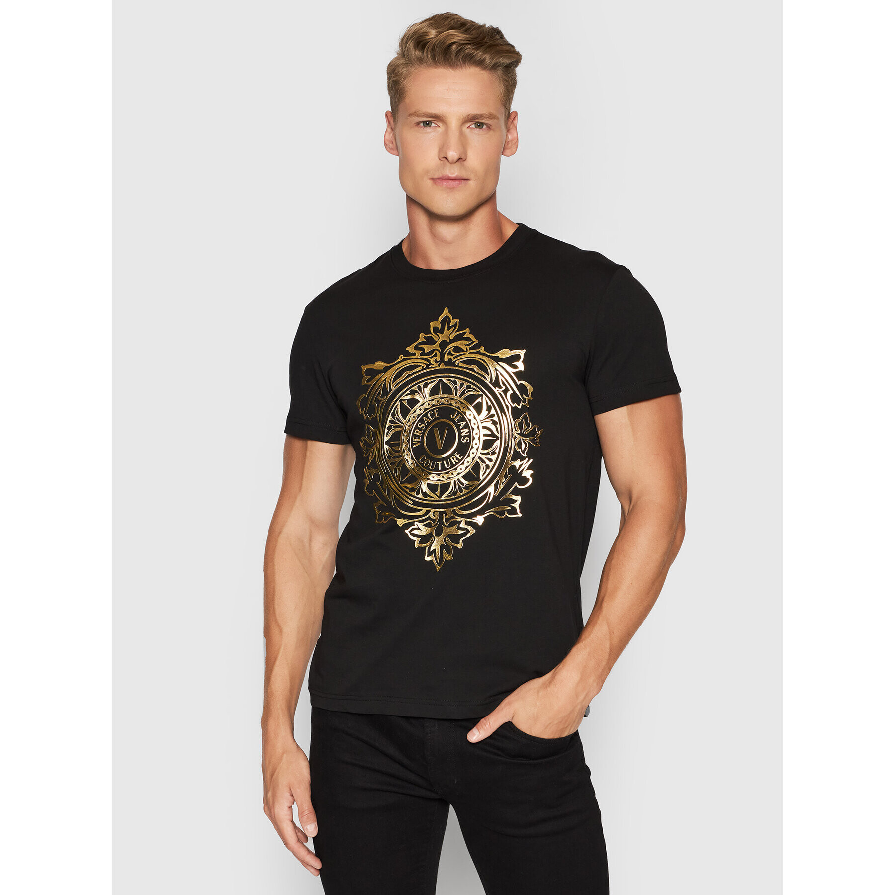 Versace Jeans Couture Tricou Vemblem Leaf 71GAHF05 Negru Regular Fit - Pled.ro