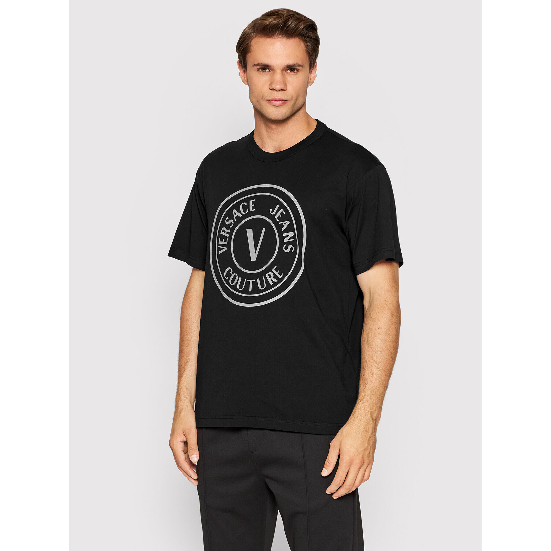 Versace Jeans Couture Tricou Vemblem Thick Foil 73GAHT05 Negru Regular Fit - Pled.ro