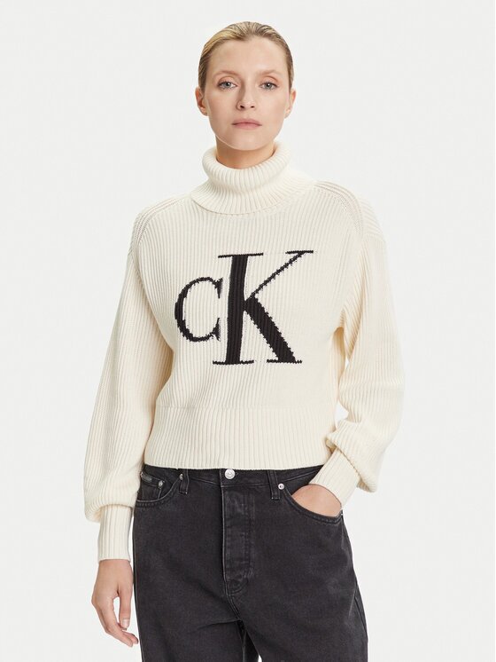 Calvin Klein Jeans Bluză cu gât LV047D349G Écru Loose Fit