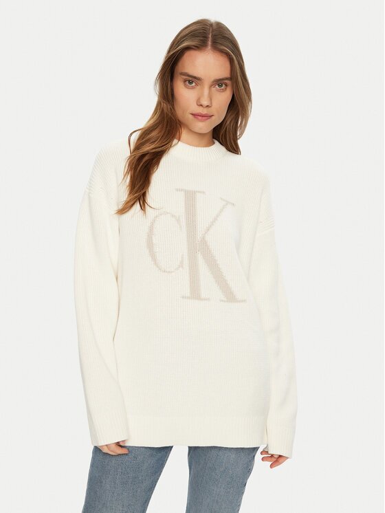 Calvin Klein Jeans Pulover Intrasia J20J224799 Écru Relaxed Fit
