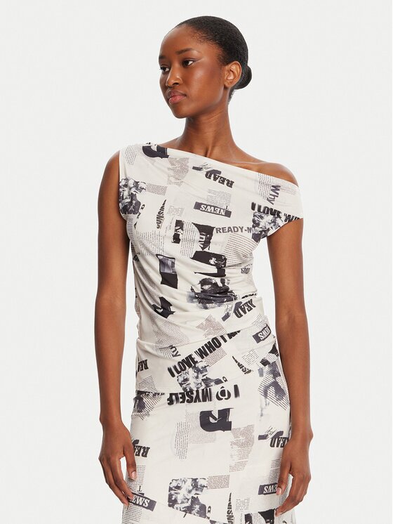 Desigual Bluză Breaking News 25WWTK10 Écru Regular Fit