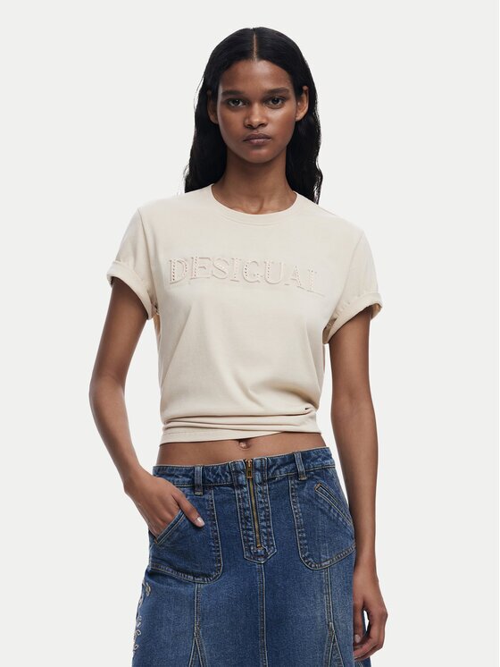Desigual Tricou Brandy 25SWTK17 Écru Regular Fit