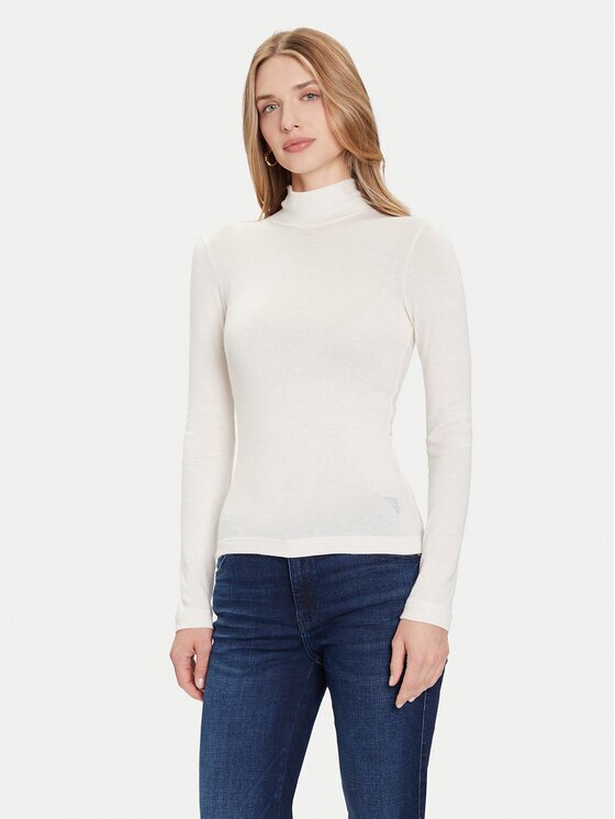 GUESS Bluză cu gât W4BP14 KCGM2 Écru Slim Fit
