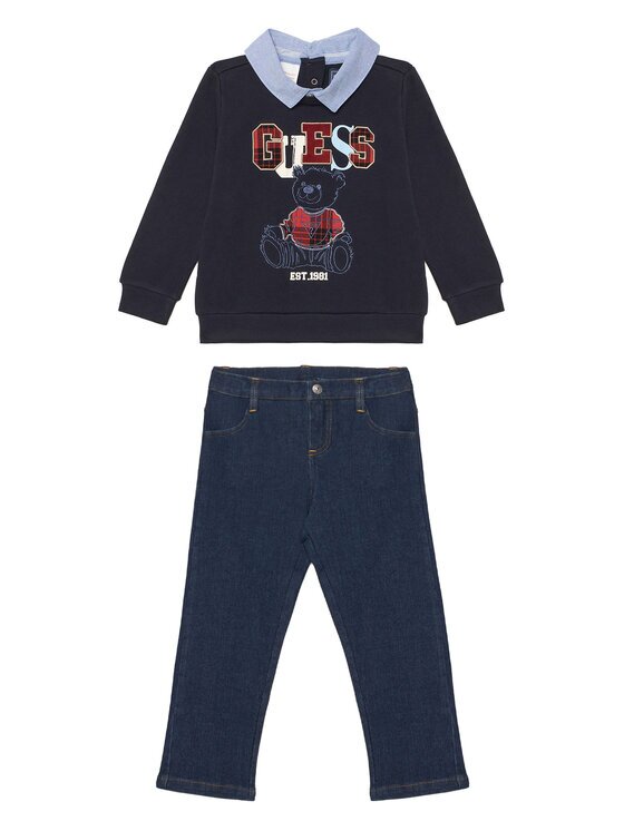 GUESS Set bluză și pantaloni din material N6BG01 K6105 Bleumarin Regular Fit