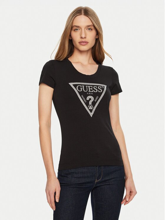 GUESS Tricou SS CN SHINY TRIANGLE Negru Shirt Fit