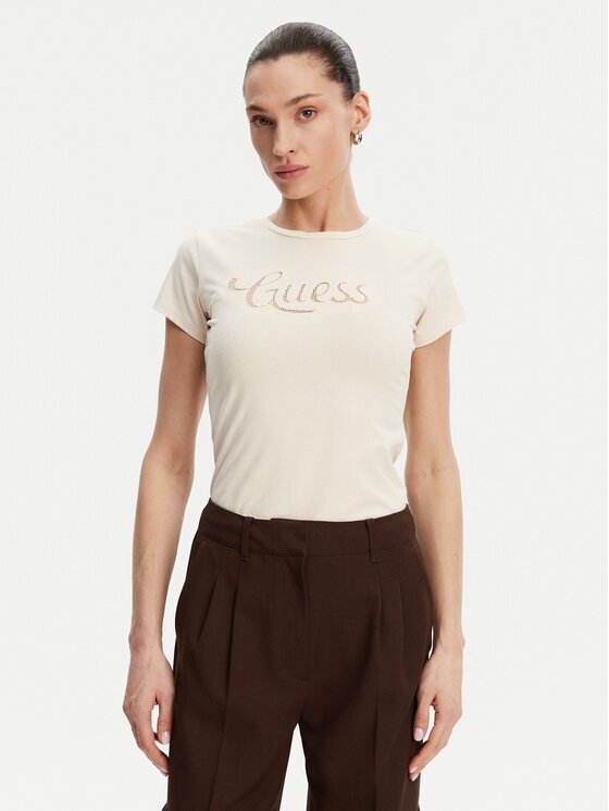 GUESS Tricou W5GI47 KA0Q1 Écru Slim Fit