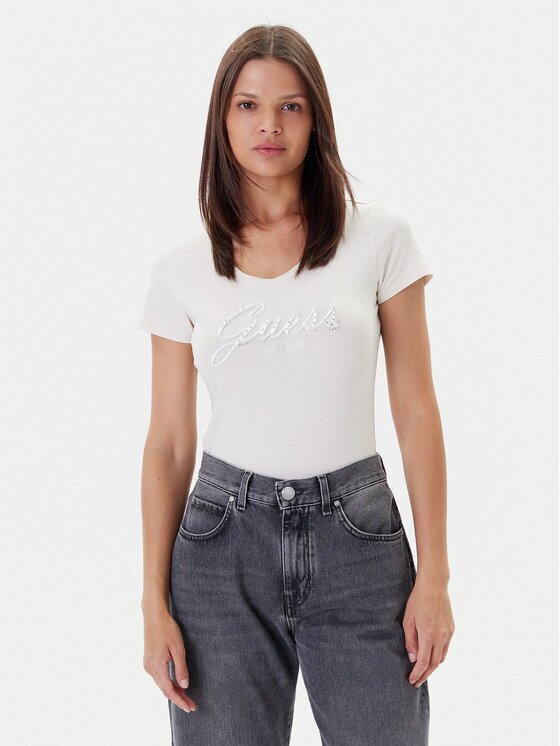 GUESS Tricou W5YI46 J1314 Écru Slim Fit