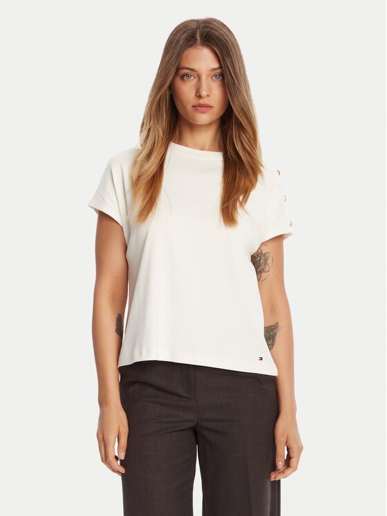 Tommy Hilfiger Tricou Gold Button WW0WW47455 Écru Regular Fit