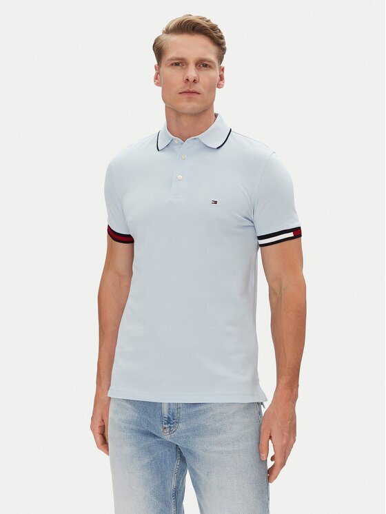 Tommy Hilfiger Tricou polo Flag Cuff MW0MW38458 Albastru celest Slim Fit